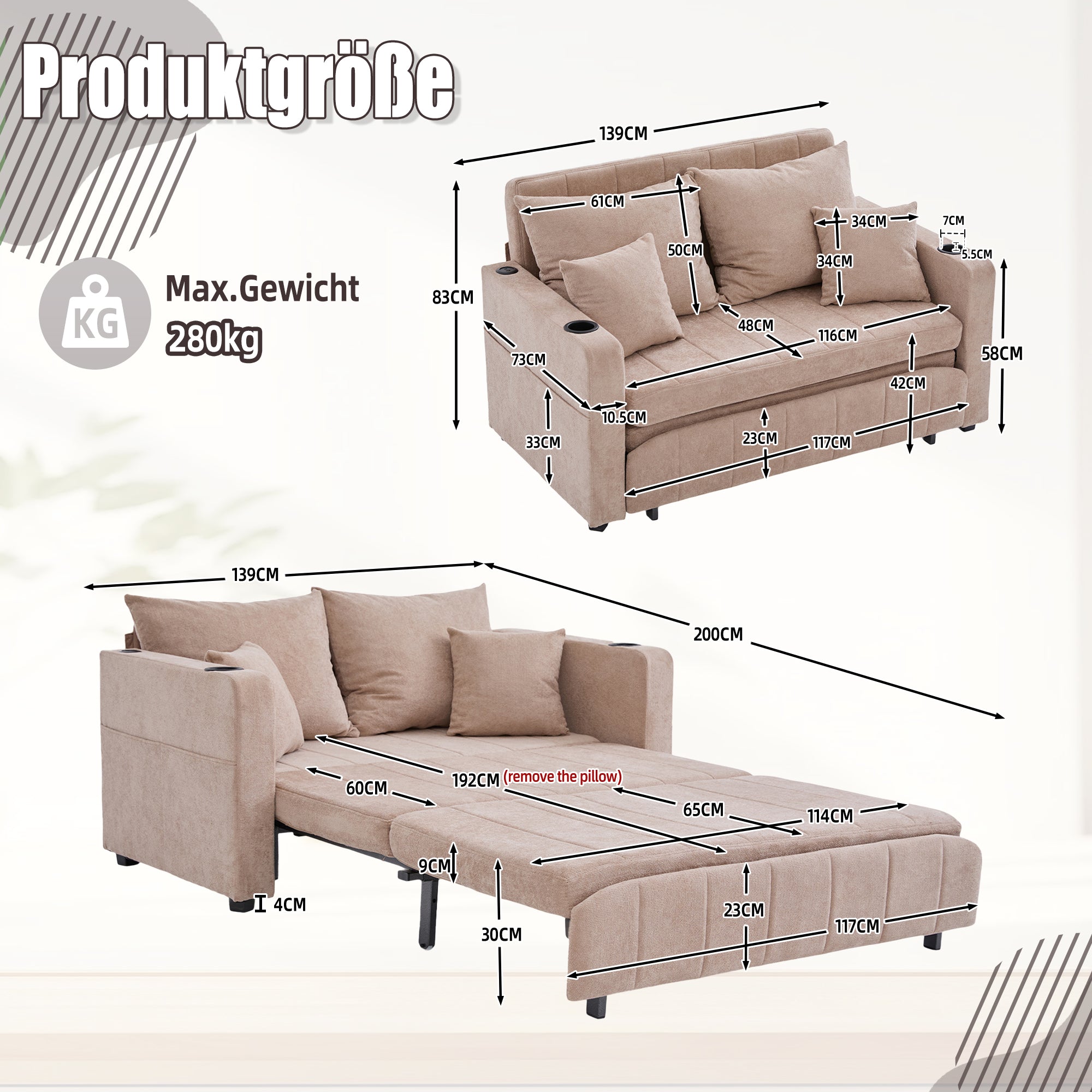 Logidon multifunctionele stoffen bank Khaki Velvet met USB-oplaadfunctie