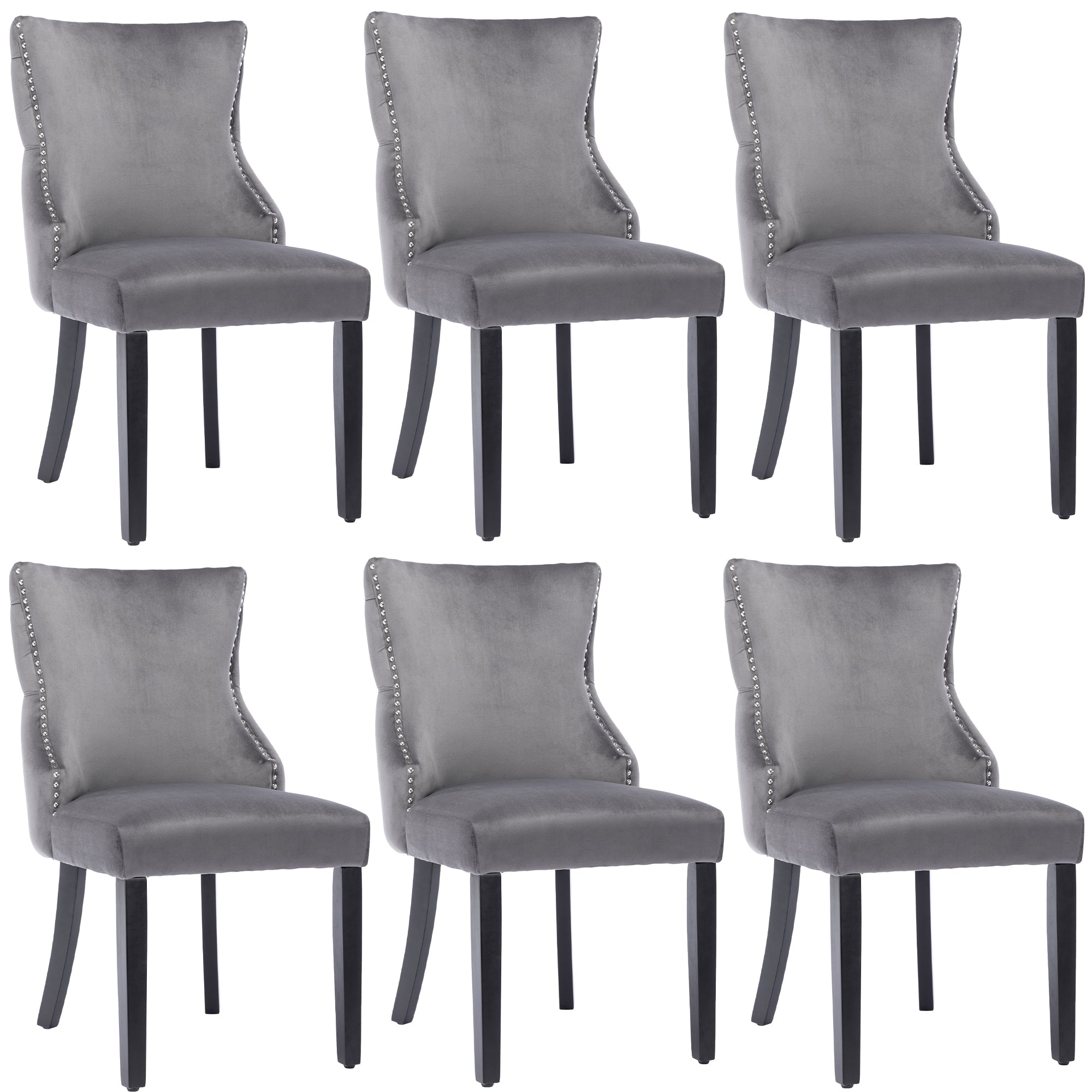 Logidon Gray Velvet 4-Foot Chair Button Stitching Solid Wood Frame Set of 6