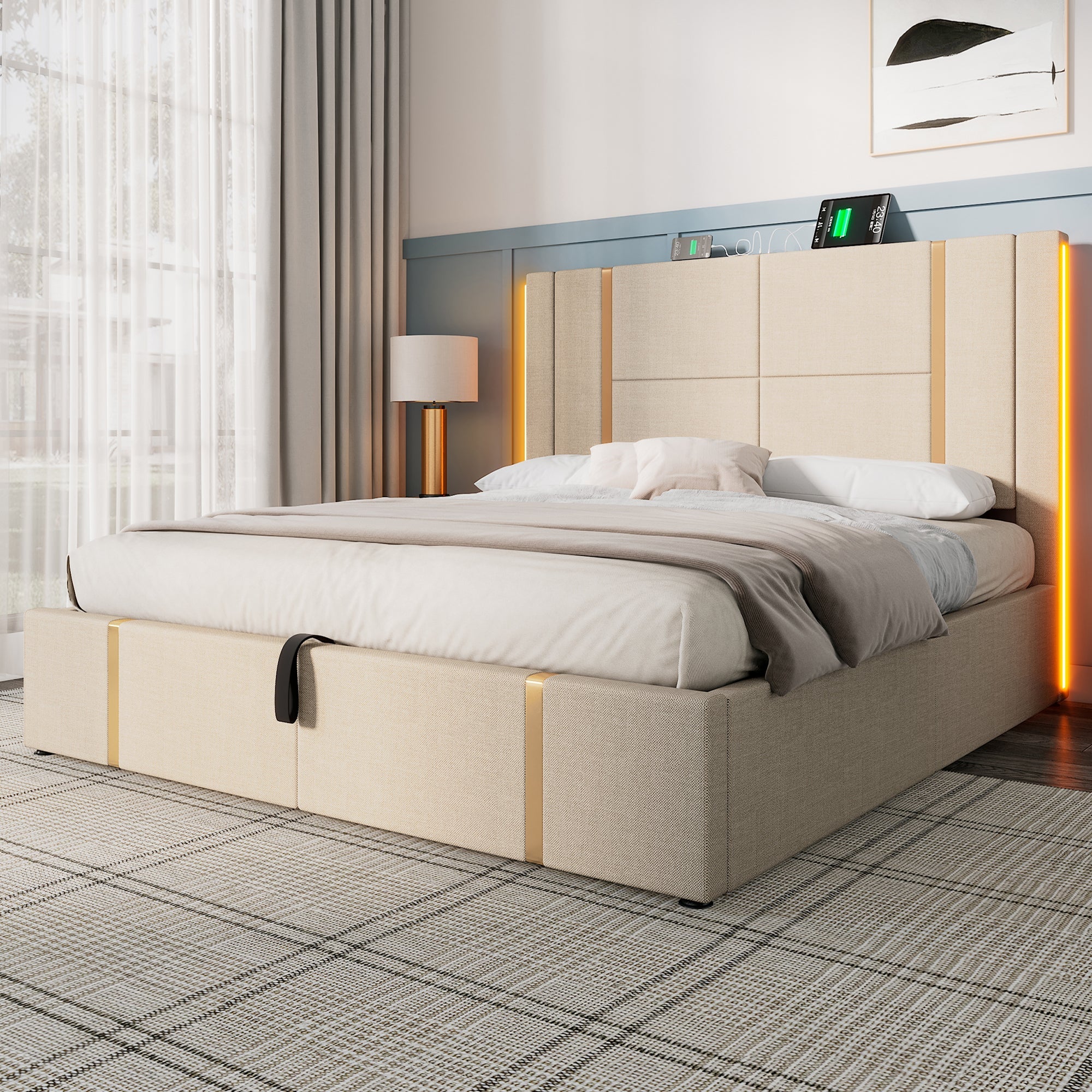 Logidon upholstered bed 160x200 USB C charging function APP control LED beige linen
