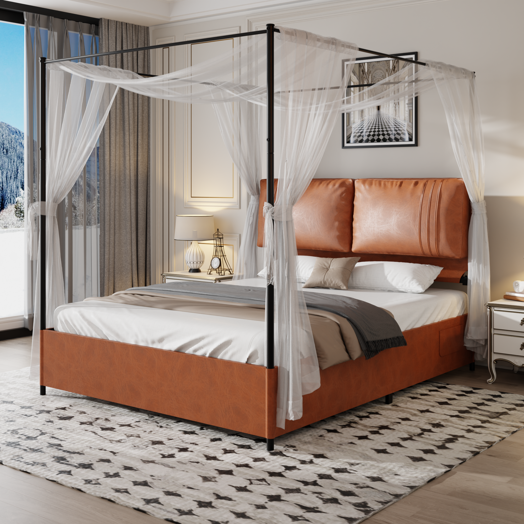 Logidon luxe hemelbed 160x200 bruin kunstleer afneembare hemel