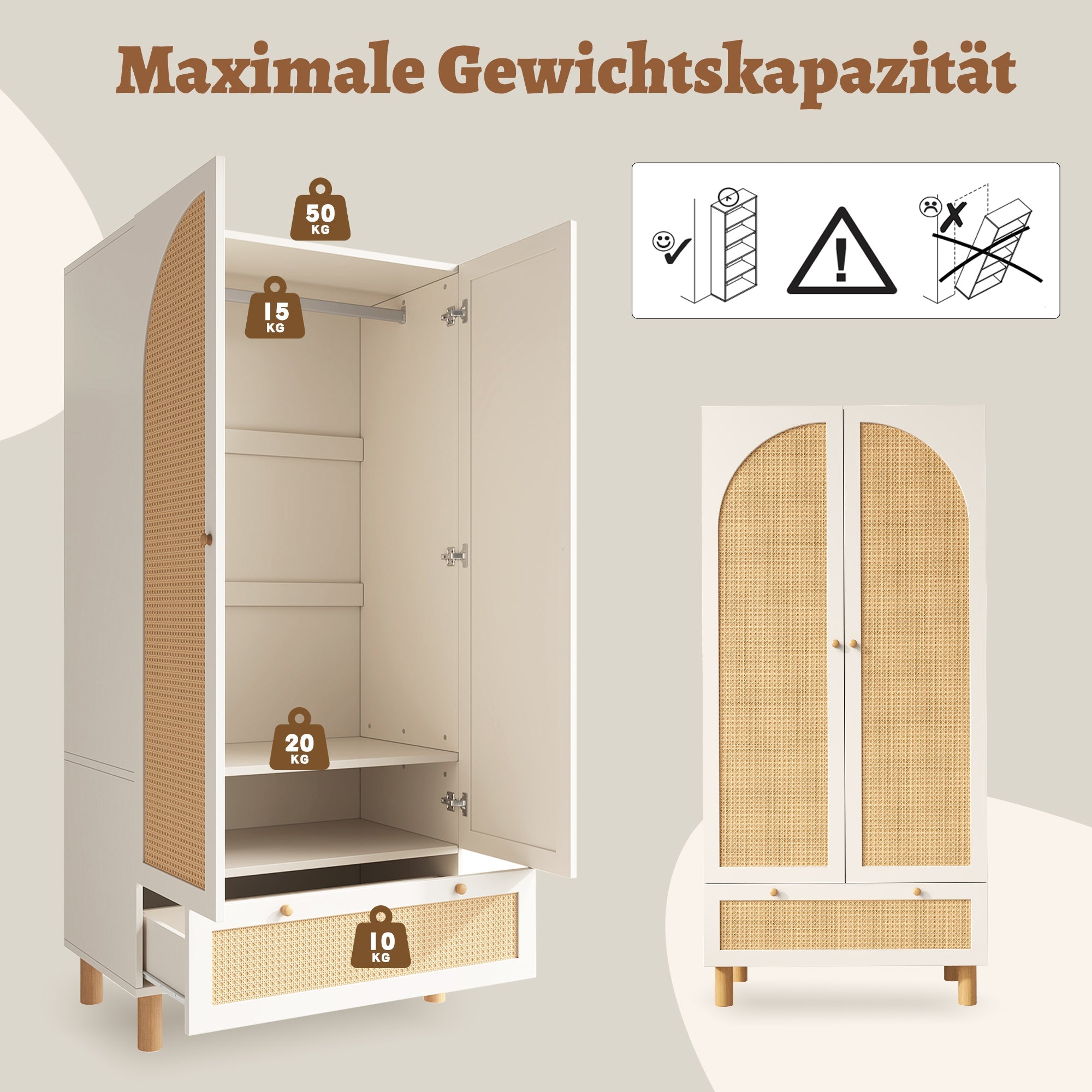 Logidon kledingkast wit met rotan deuren 180x85x52 cm landelijke stijl