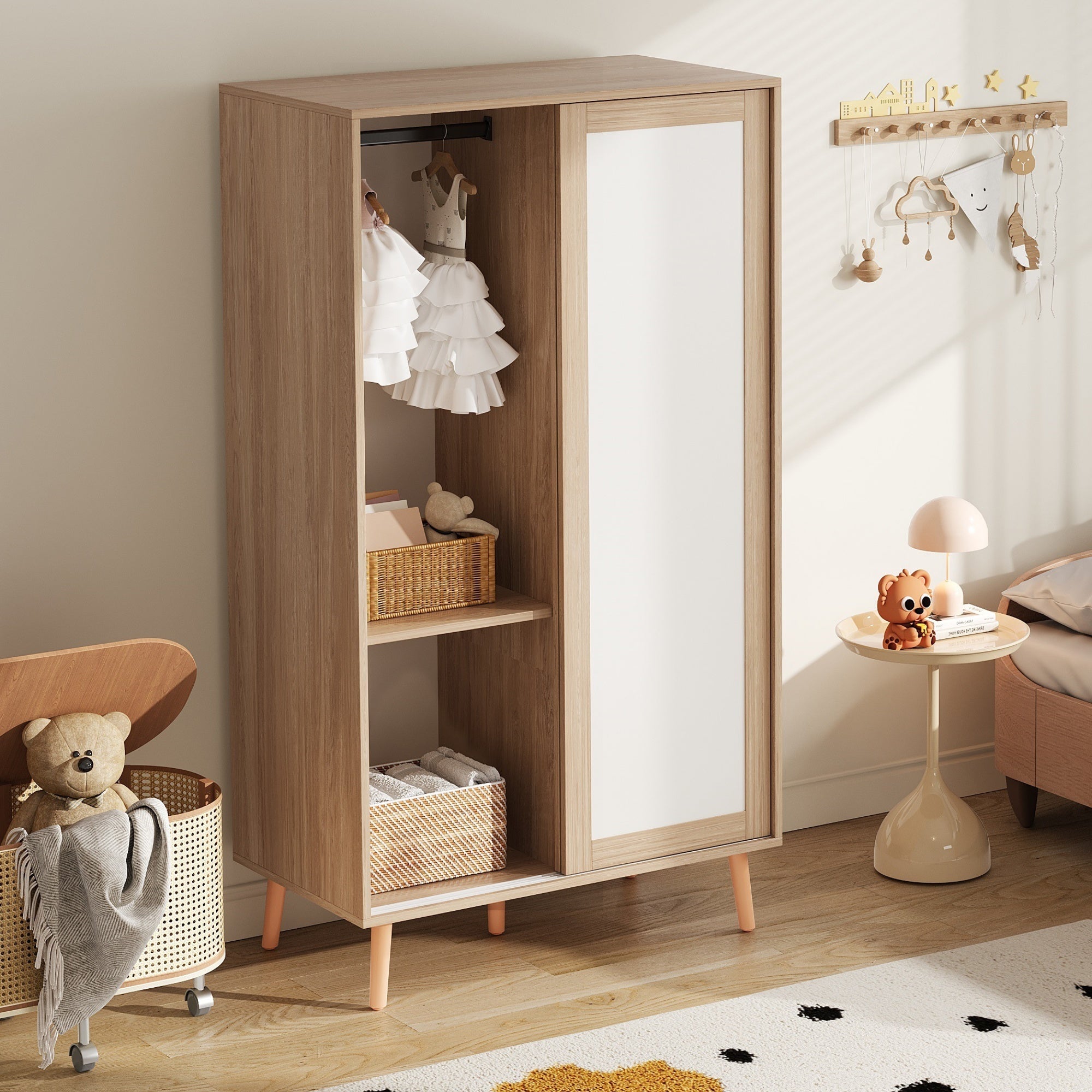 Logidon Children's Wardrobe Sliding Door Open Wardrobe White Natural Wood 141.5 cm