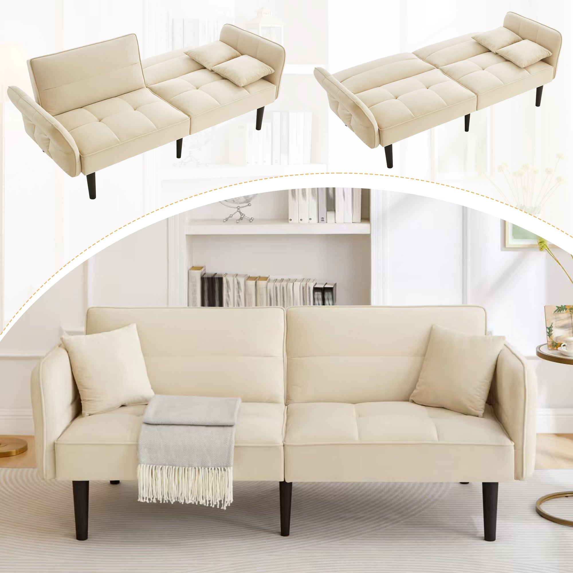 Logidon 2-in-1 slaapbank beige fluwelen hoes verstelbare tweezits