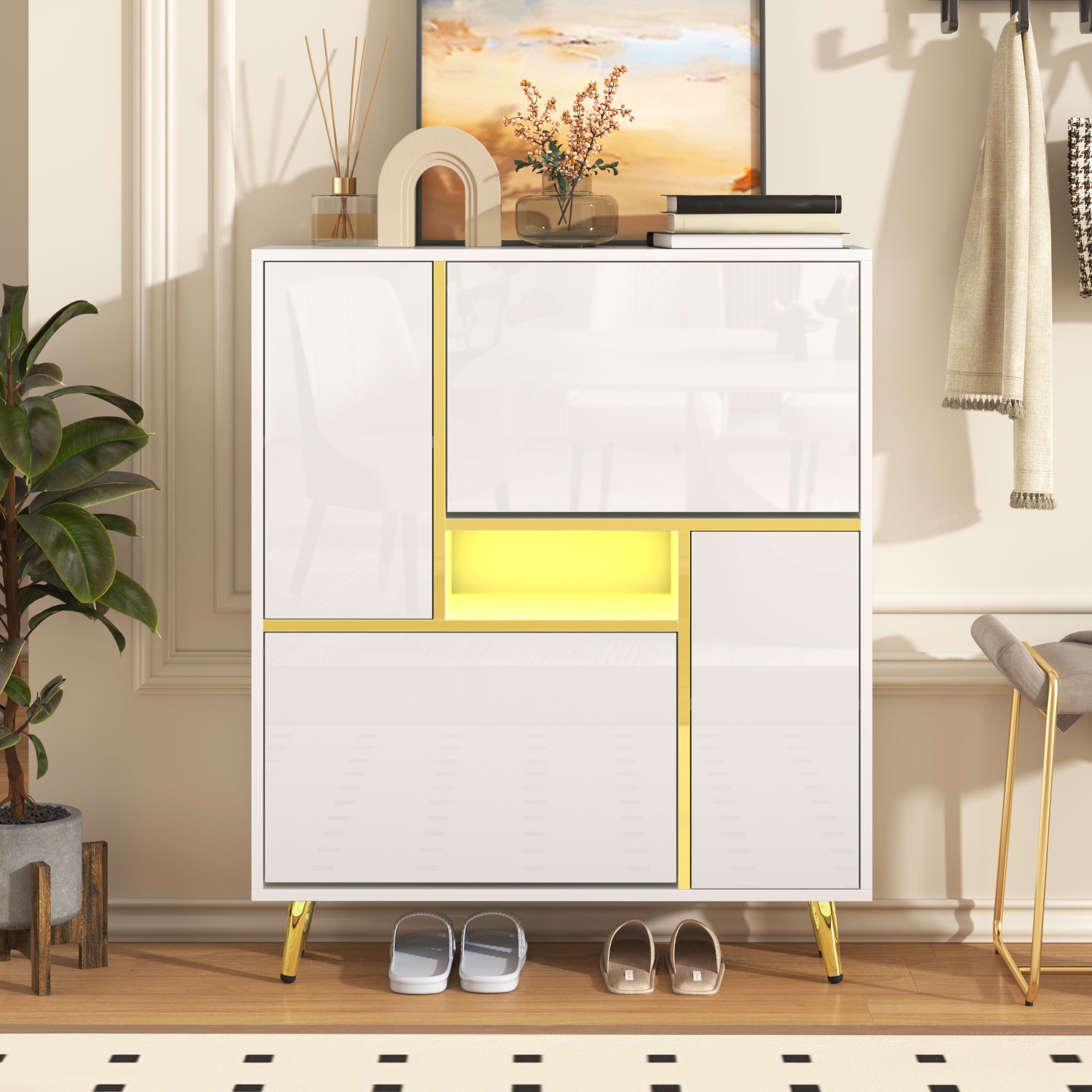 Logidon Moderne Schoenenkast Wit met Hoogglans Front en LED Licht 80x25x96 Cm