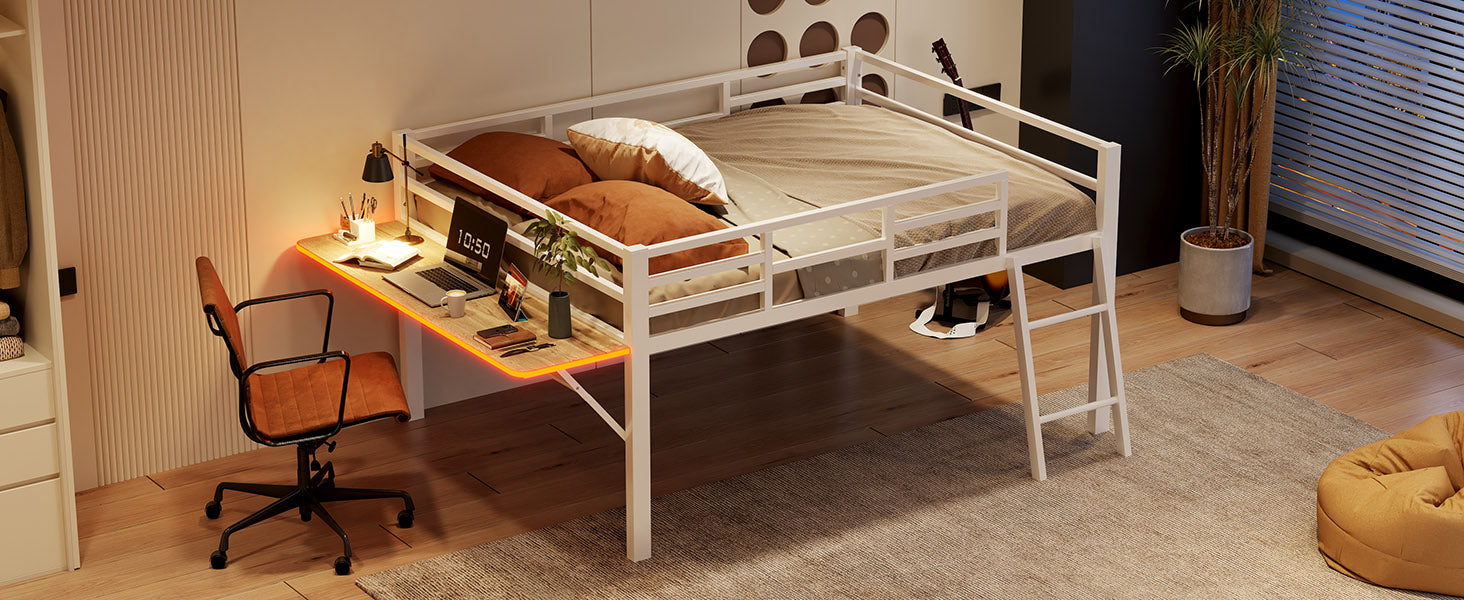 Logidon vlakbed metalen bed 140x200 witte reling LED-lichtstrip