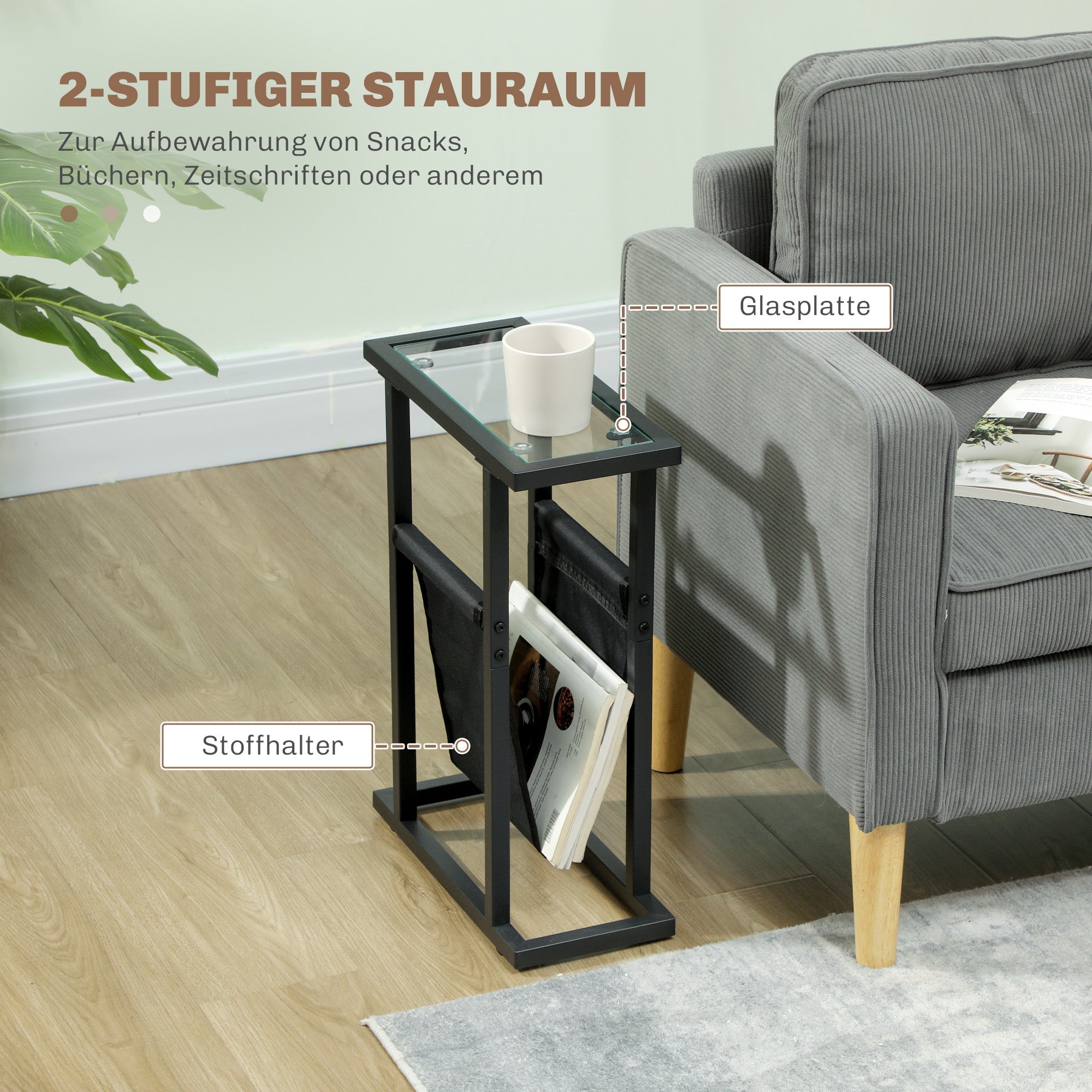Logidon bijzettafel met glazen blad en stoffen tas zwart 40 x 18 cm