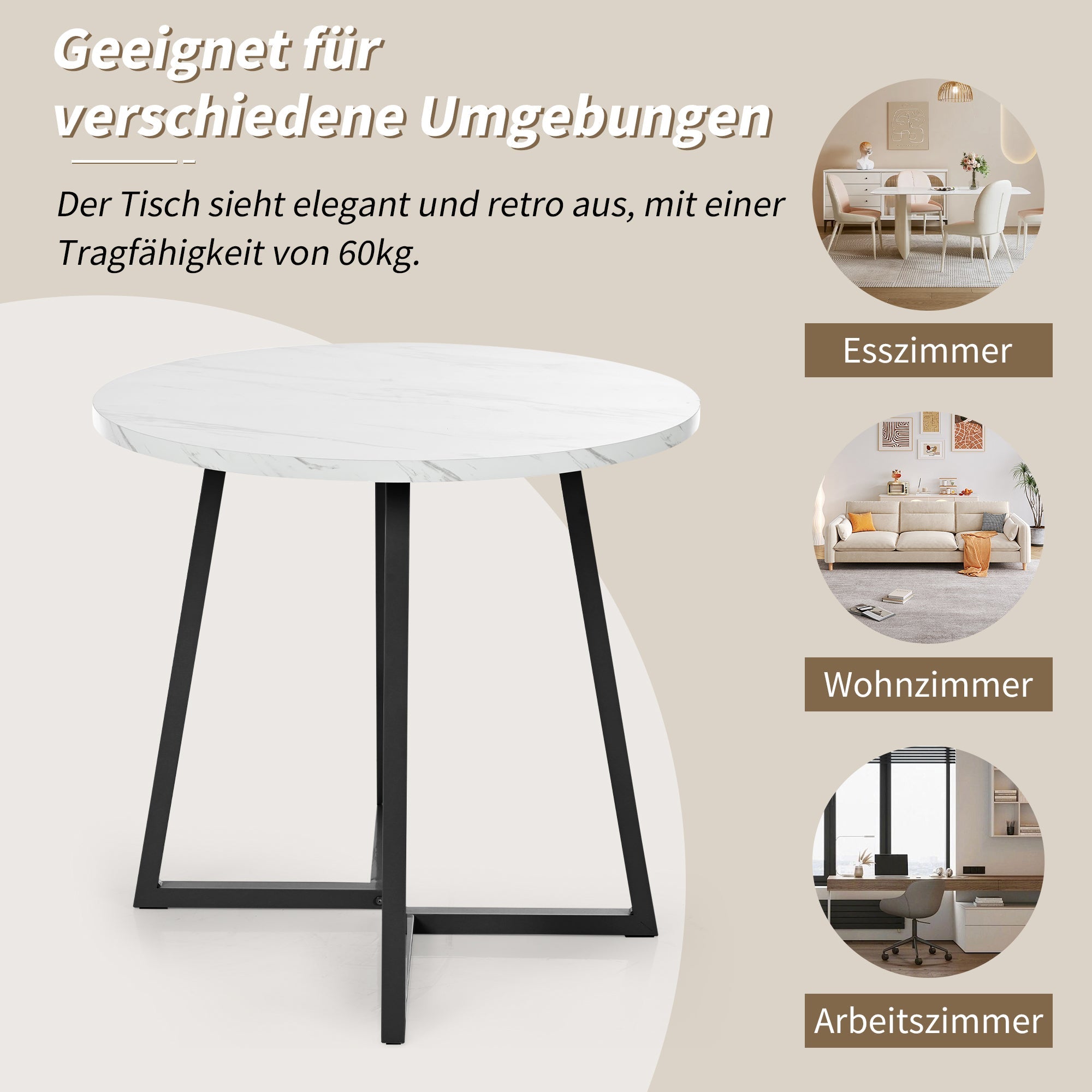 Logidon Ronde Eettafel Wit Zwart MDF Marmer Patroon 80 cm