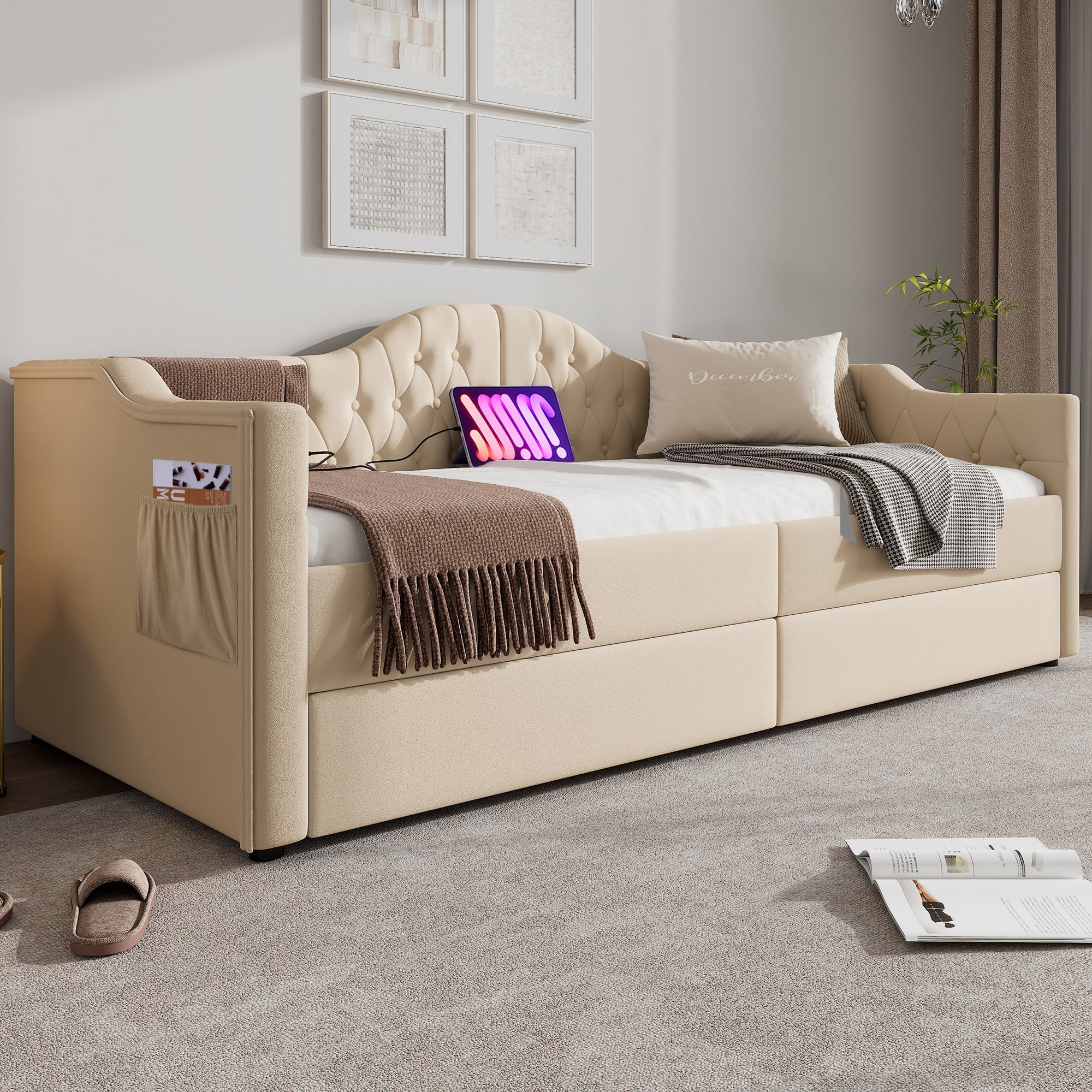 Logidon gestoffeerde slaapbank 90x200 beige USB-oplaadfunctie 2 compartimenten