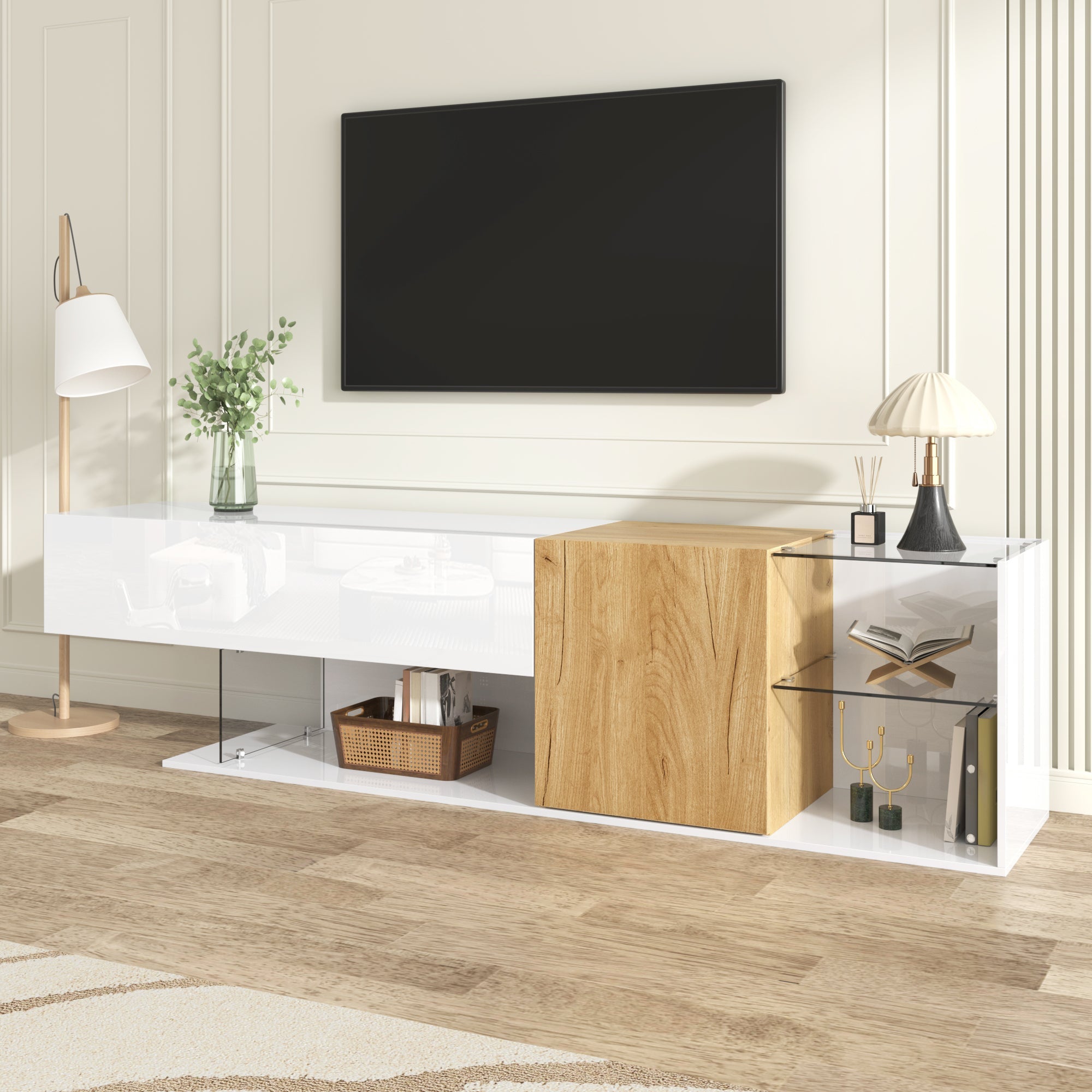 Logidon Modern TV-dressoir Wit Hoogglans Houtlook Glazen Planken 180cm