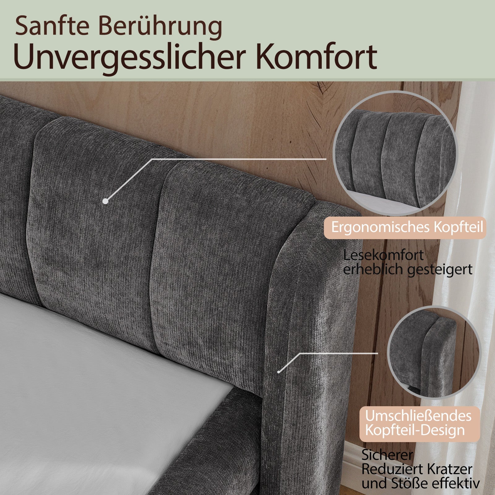 Logidon tweepersoonsbed 140x200 cm donkergrijs chenille met rugleuning
