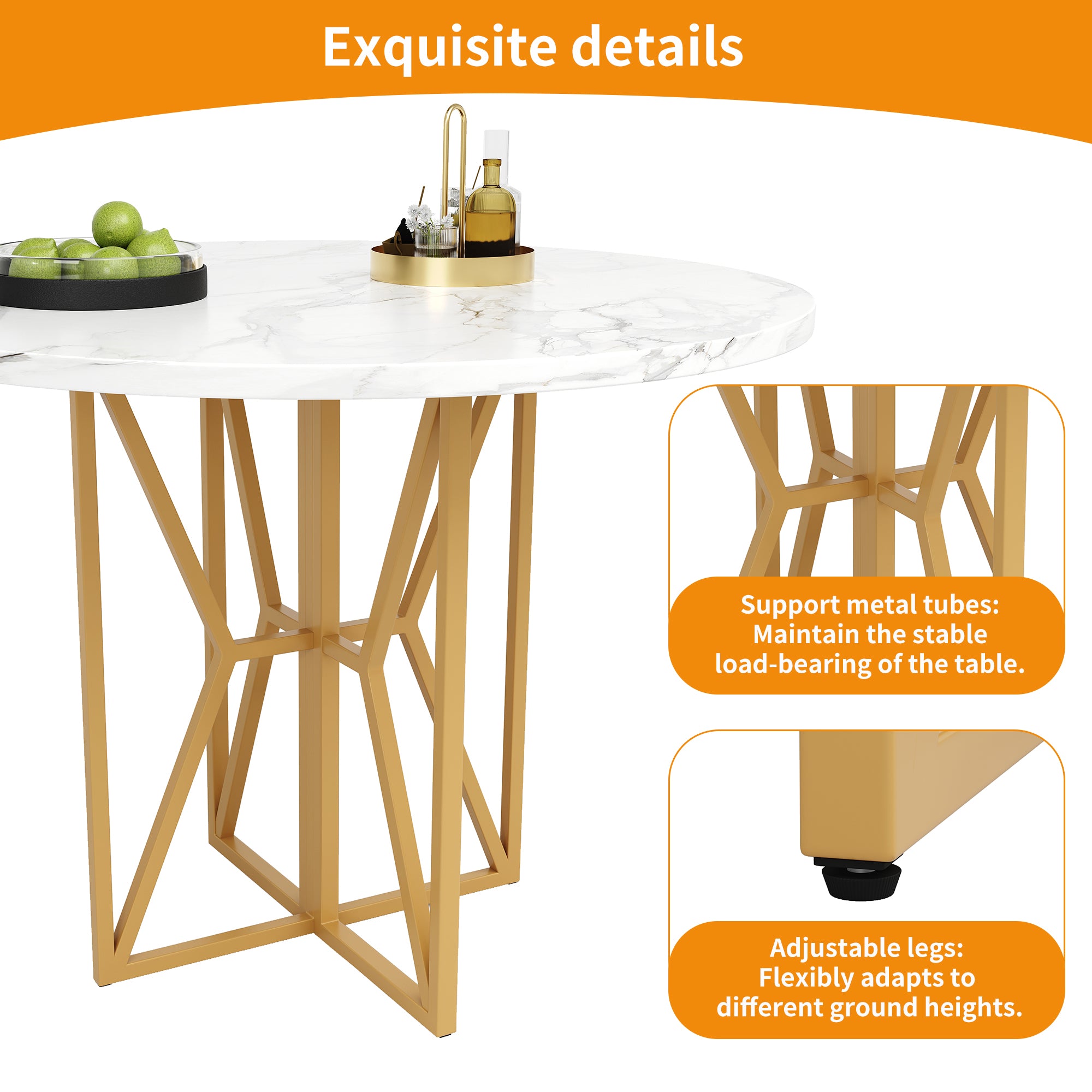 Logidon ronde eettafel 80x80 cm marmerlook gouden poten 4-6 personen