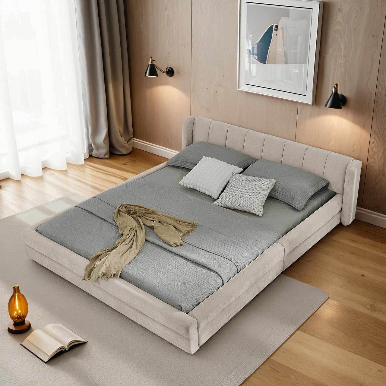 Logidon tweepersoonsbed 160x200 cm beige chenille comfortabel hoofdbord