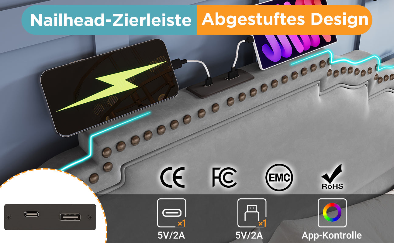 Logidon gestoffeerd bed 160x200 grijs fluweel met opbergruimte LED USB C