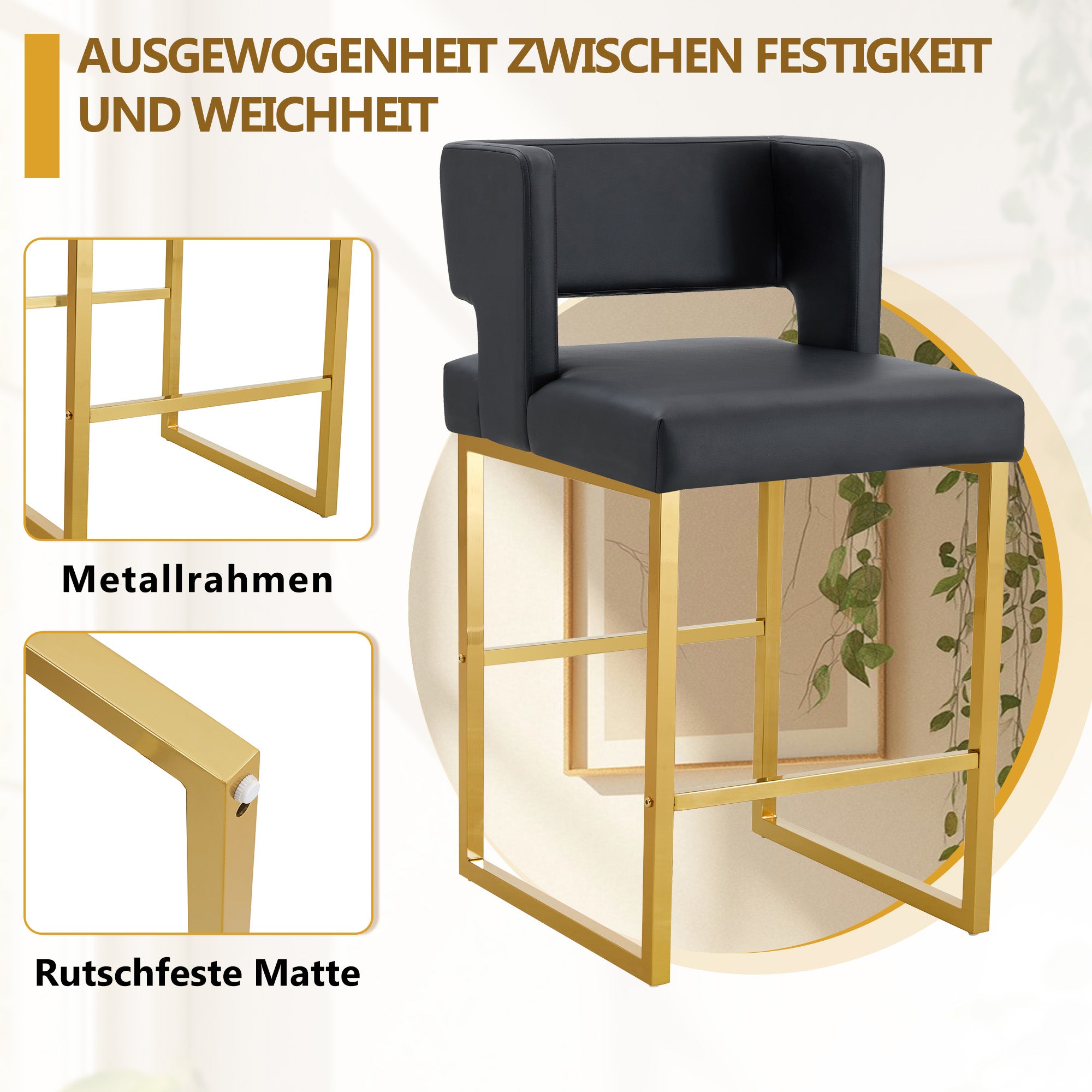 Logidon Barkruk Set 2 Zwart Kunstleer Gouden Poten Nordic