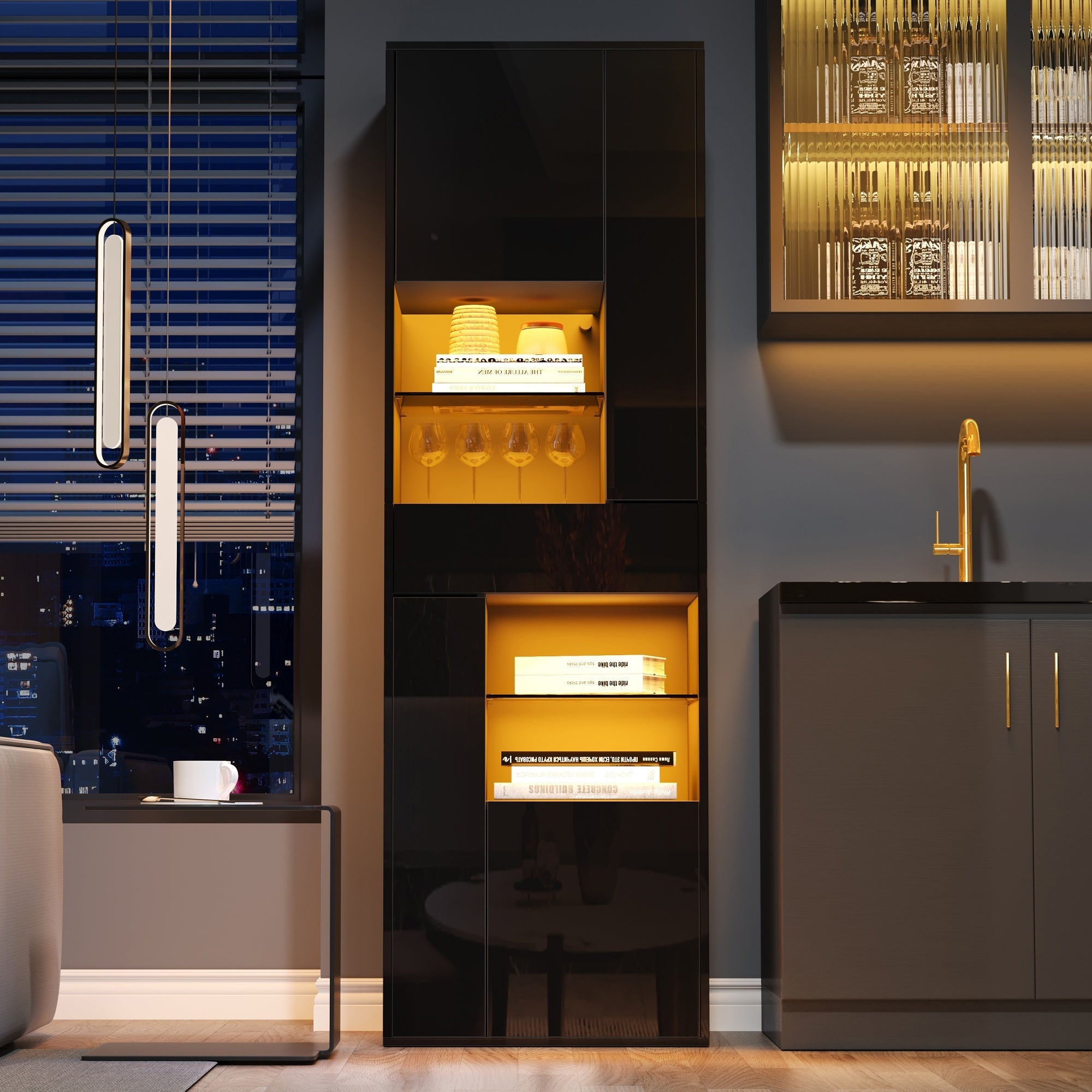 Logidon zwarte hoogglans glazen vitrine 55 x 38 x 170 cm LED-verlichting