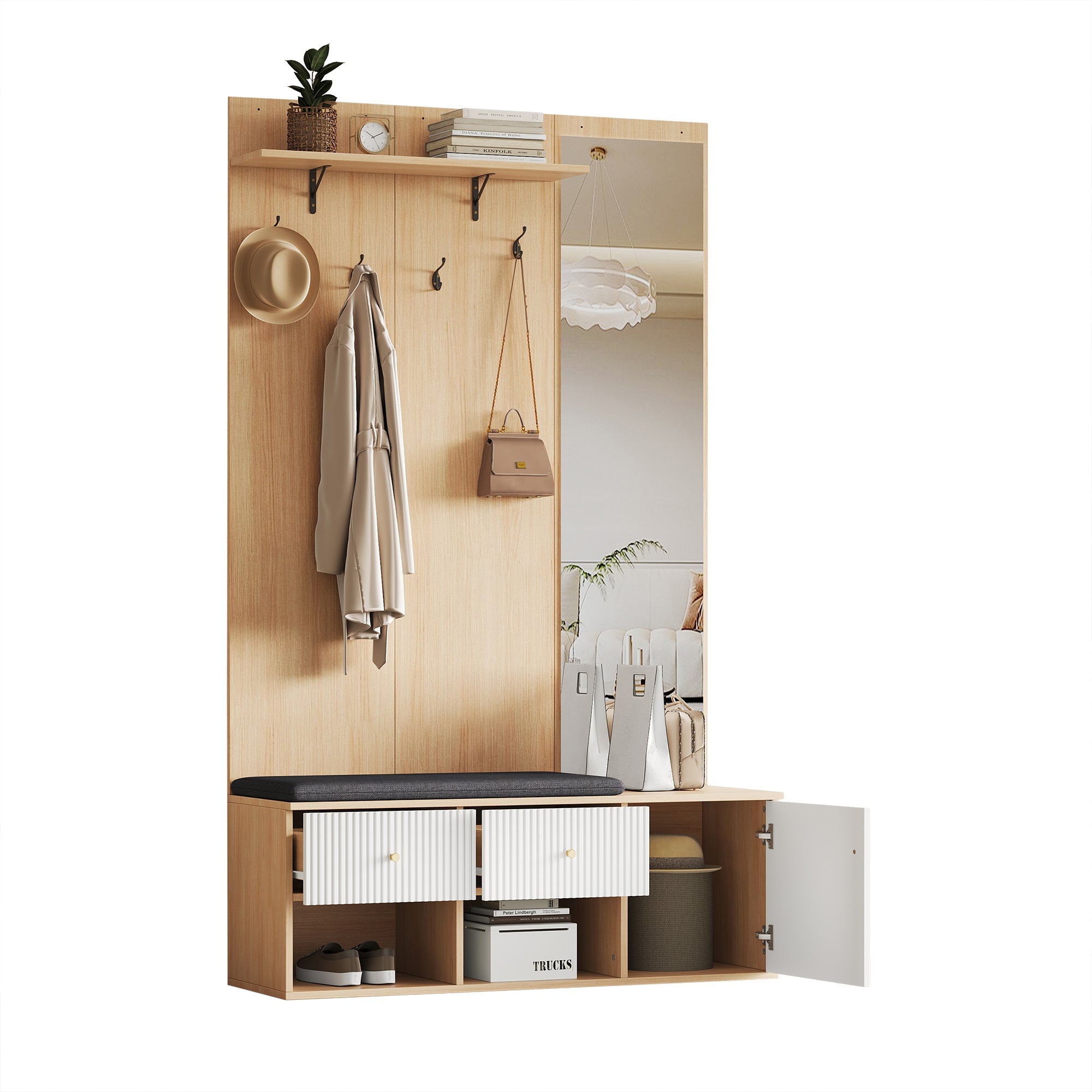 Logidon garderobekast 120x40x200 cm spiegel schoenenbank wit hout