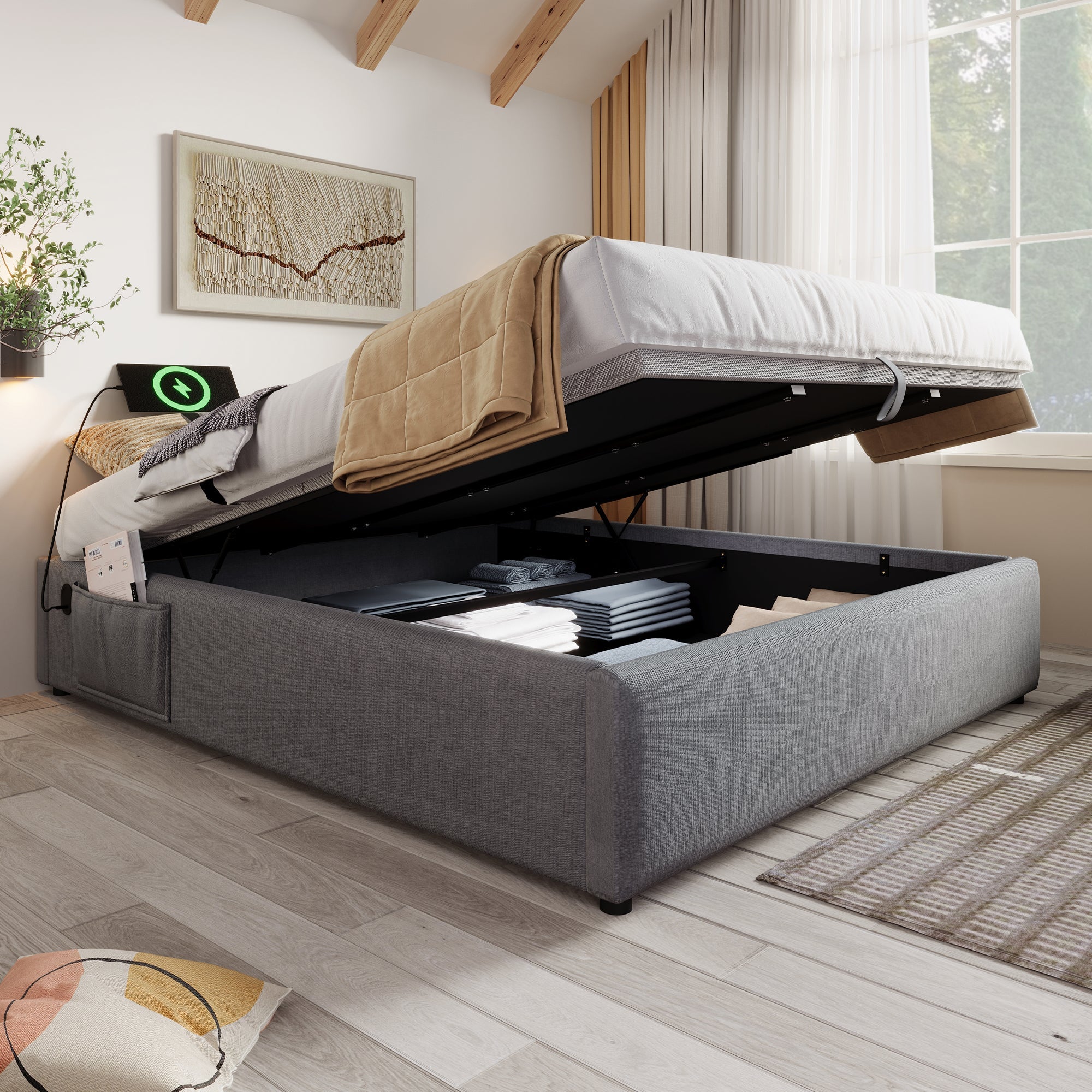 Logidon upholstered bed 160x200 gray with USB C and full-surface slatted frame