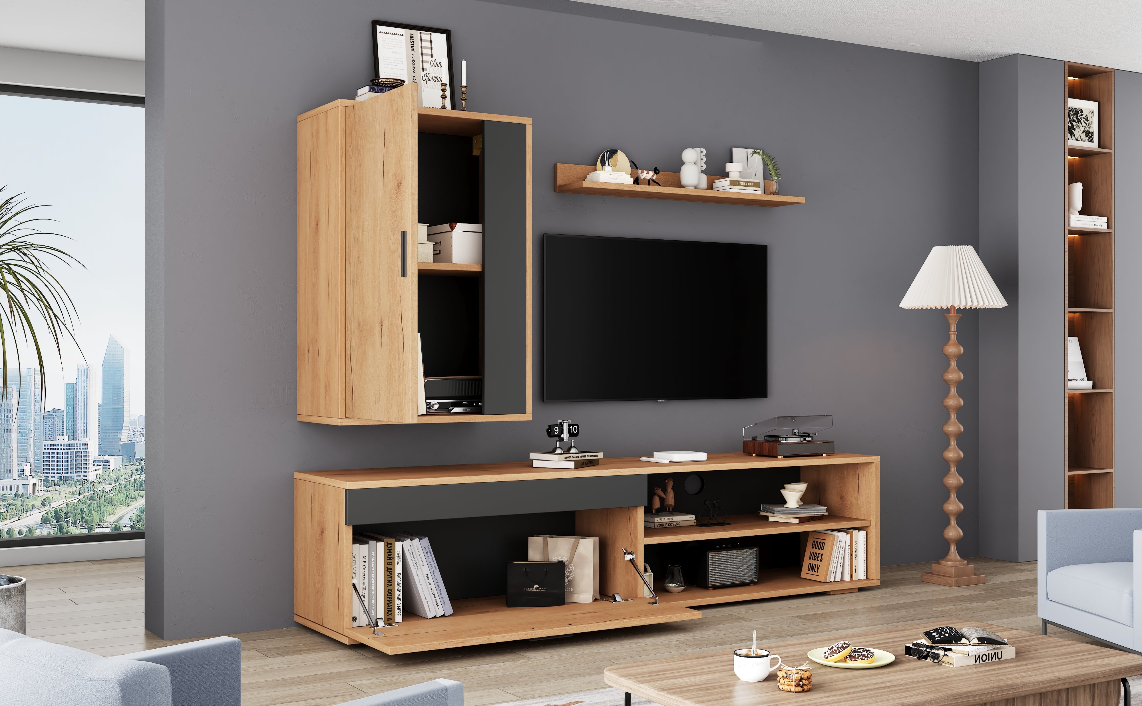 Logidon TV wandmeubelset 140 cm driedelig hout zwart