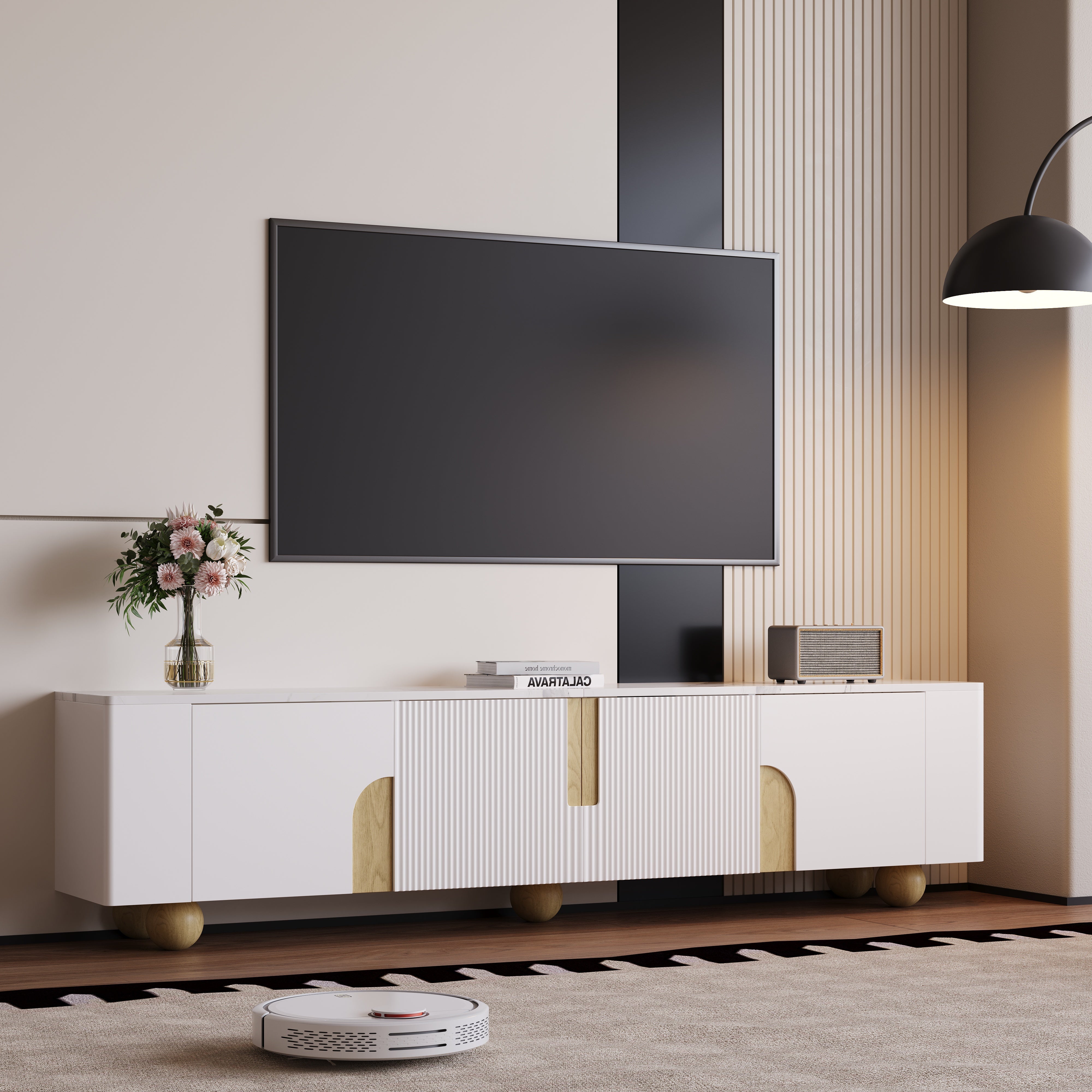 Logidon Wit TV-meubel 180 cm - 4 deuren, marmerlook, houten poten