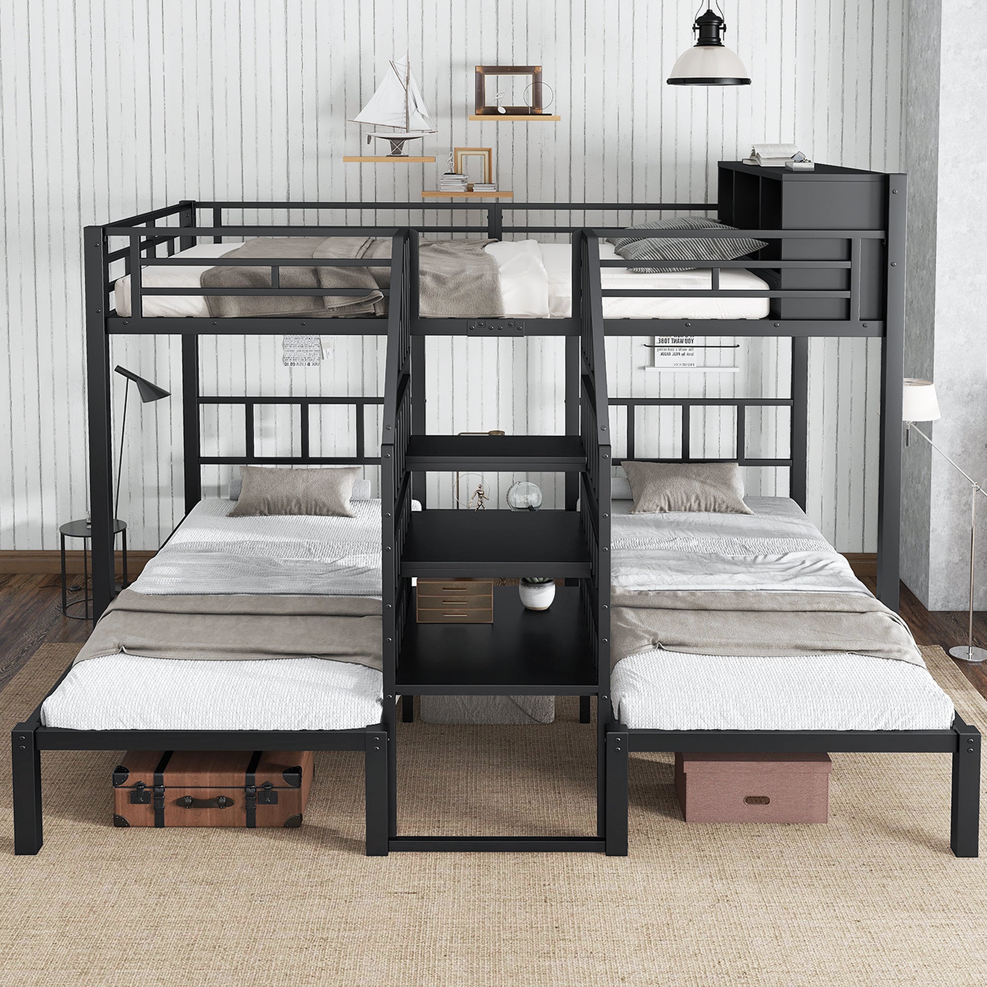 Logidon stapelbed ijzer zwart met drie slaapplaatsen 90x200cm