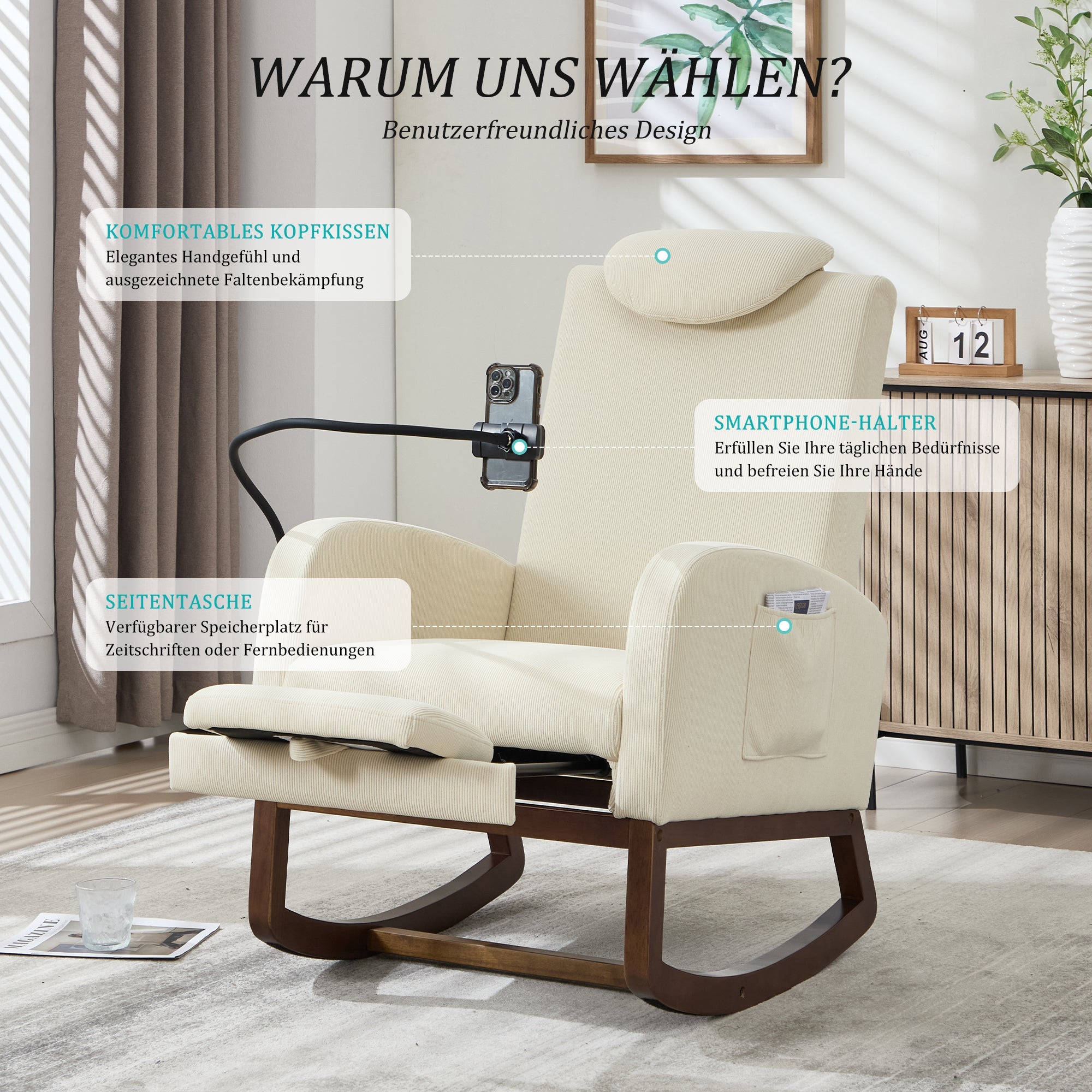 Logidon Multifunctionele Schommelstoel Beige Koordhoes Hoofdsteun