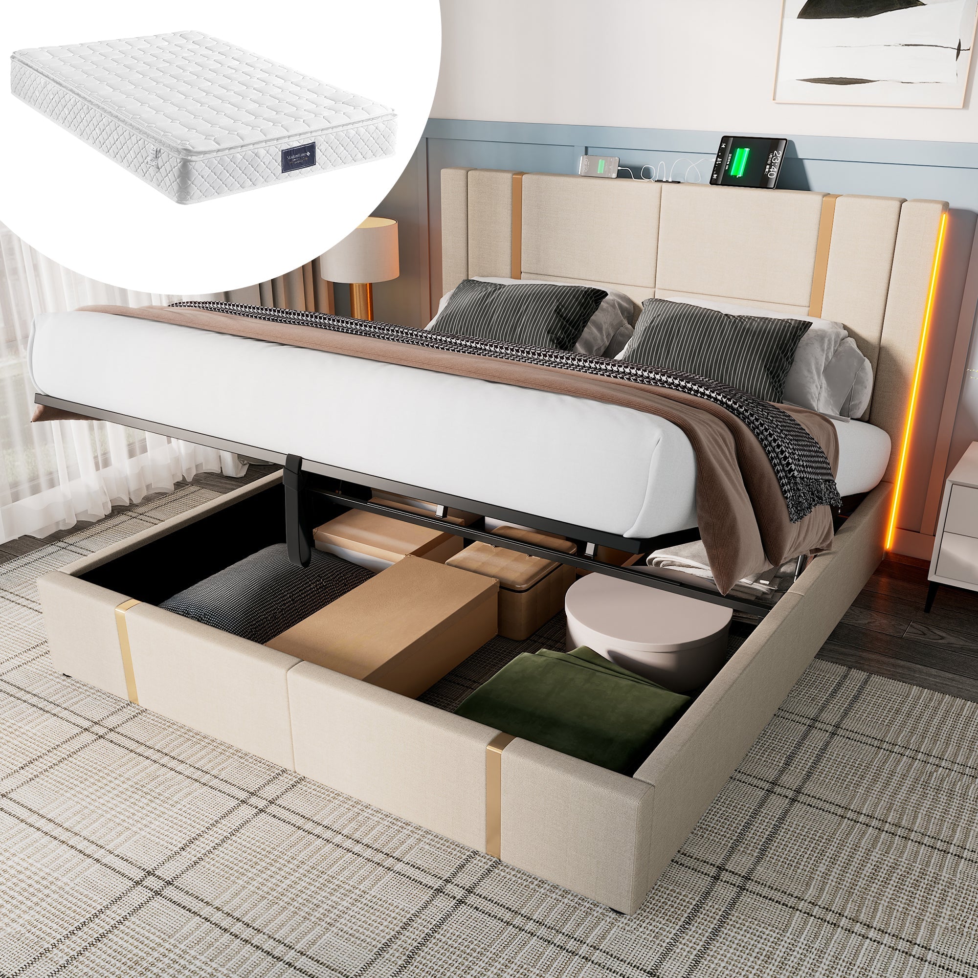 Logidon upholstered bed 160x200 USB C charging function APP control LED beige linen
