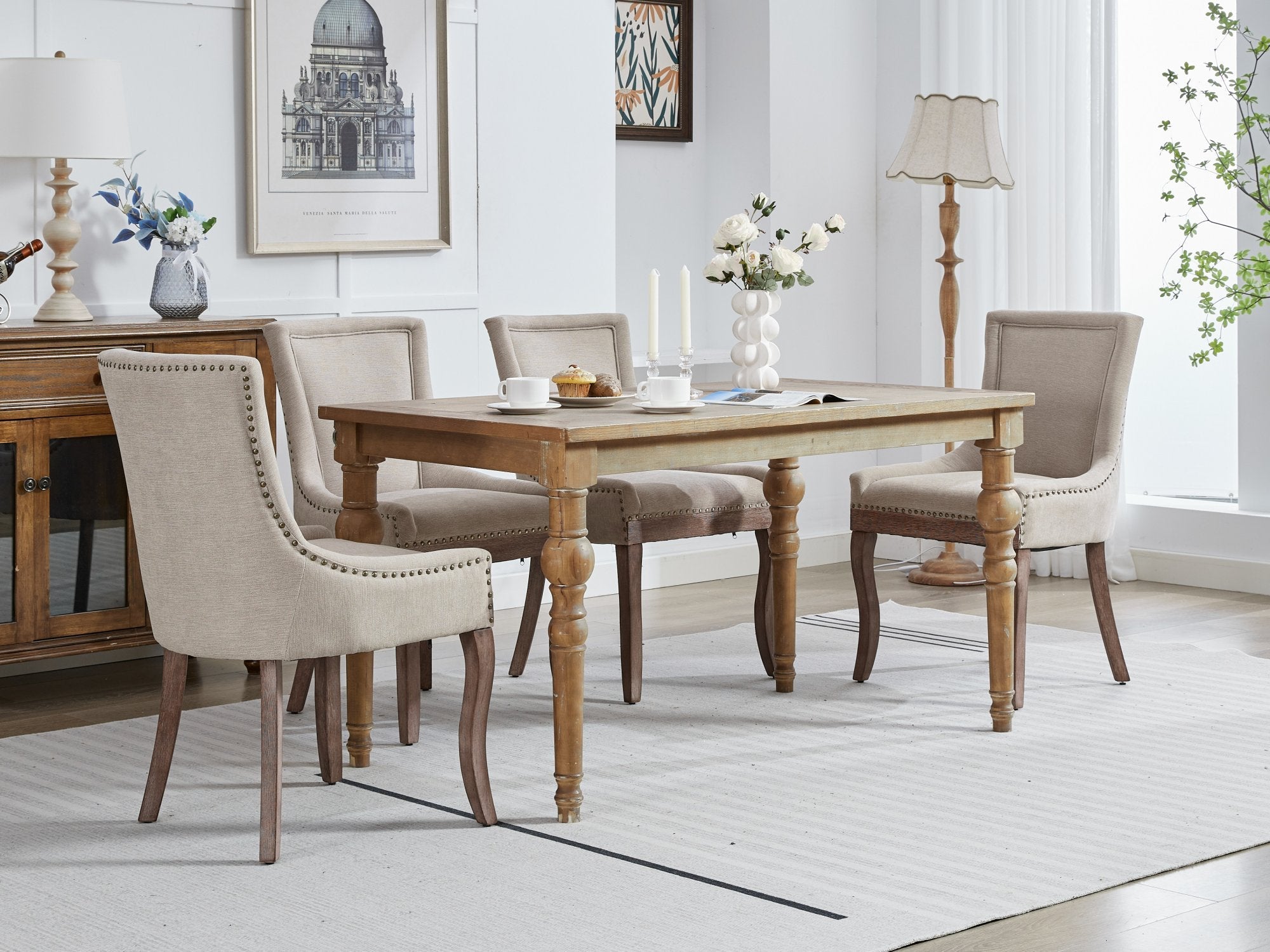 Logidon Ultra Side Dining Chair Beige Set Of 2 Bronze Nail Studs