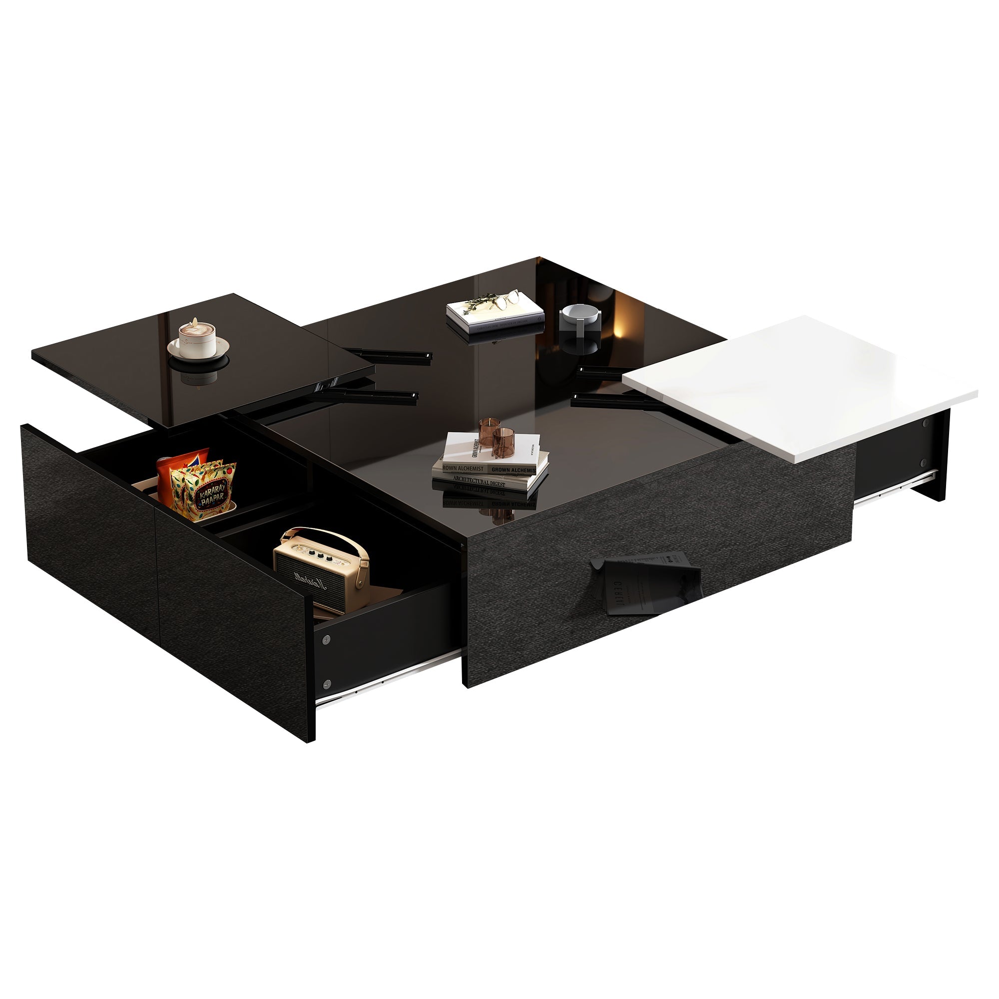 Logidon Hoogglans Salontafel Zwart Wit 75x75 Cm Met 4 Laden