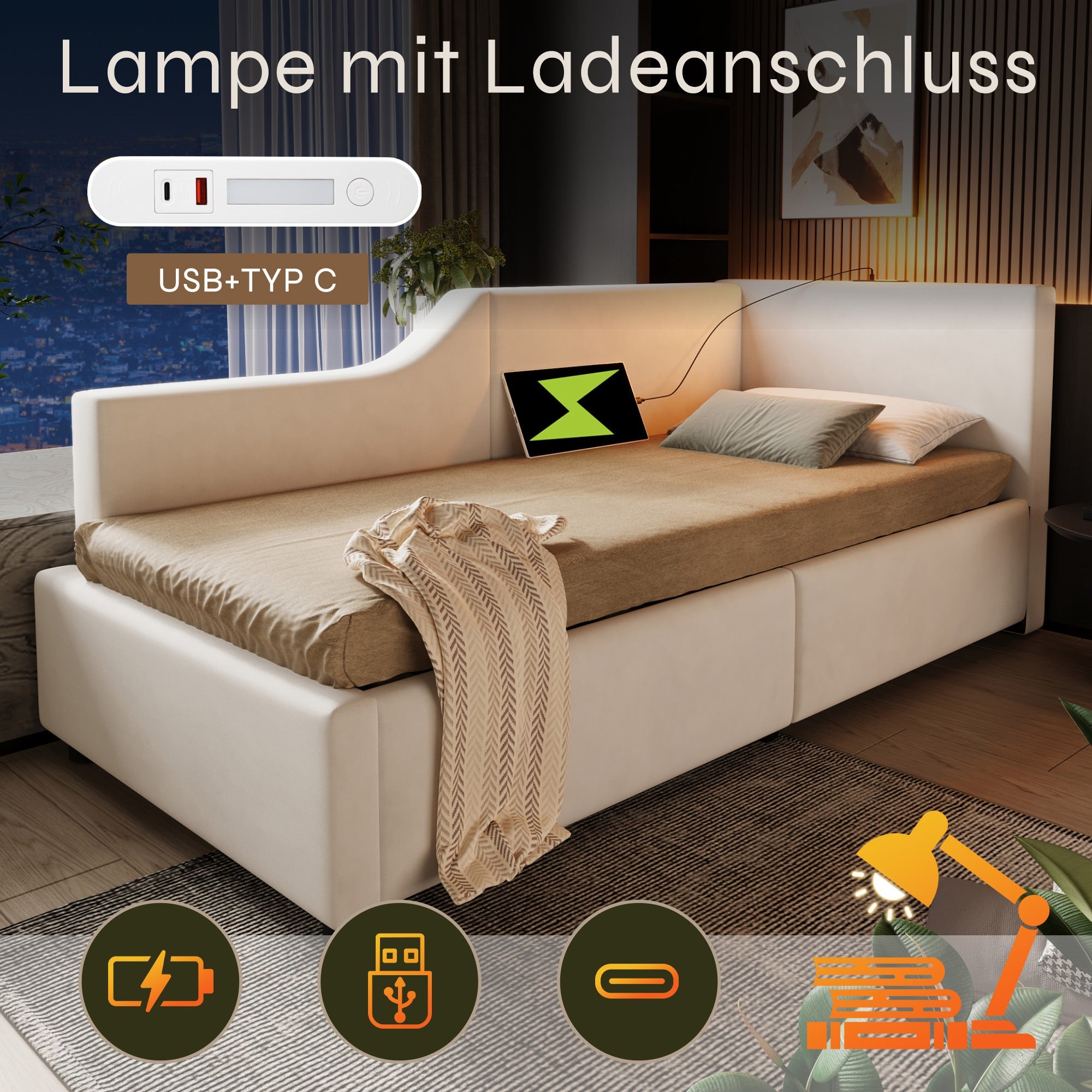Logidon fluwelen dagbed 90x190 beige met opbergruimte, USB-C, leeslampje