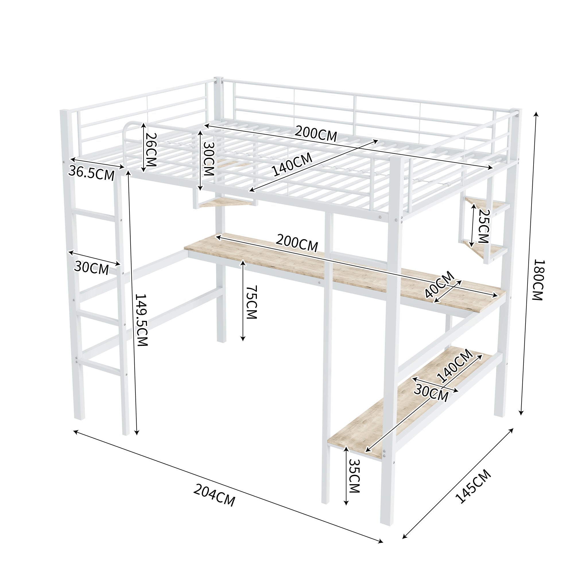 Logidon hoogslaper 140x200 cm metalen bed met bureau wit