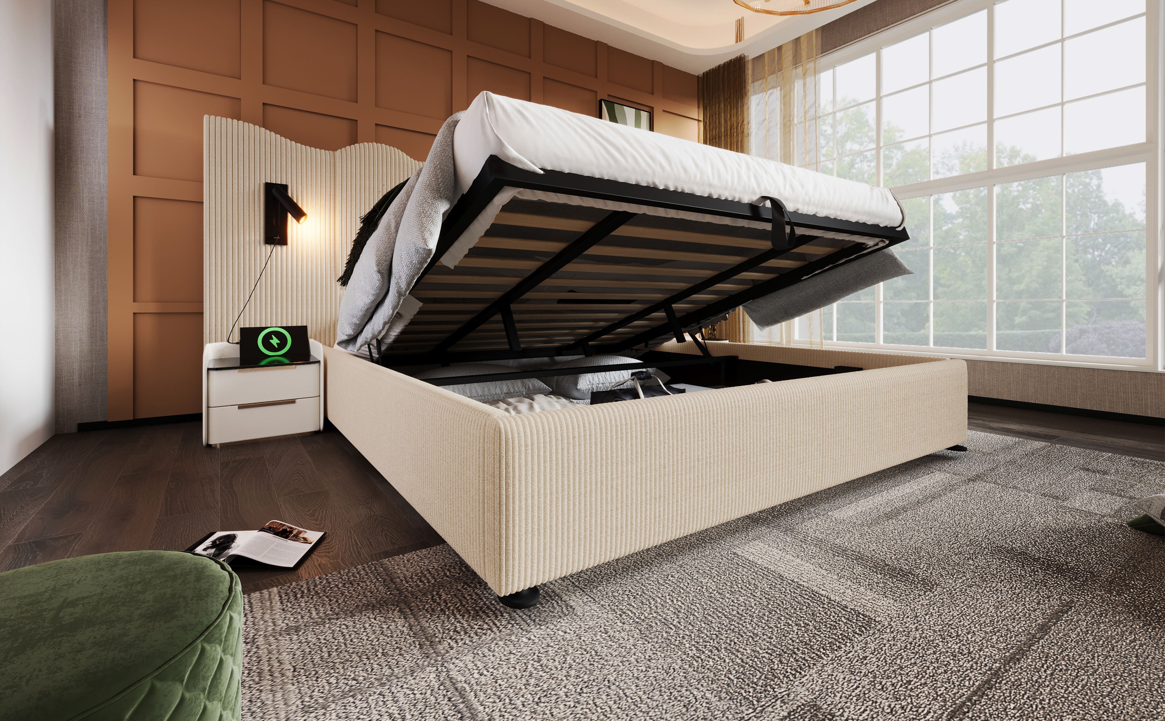 Logidon gestoffeerd bed tweepersoonsbed 180x200 beige-wit leeslamp USB-C opladen