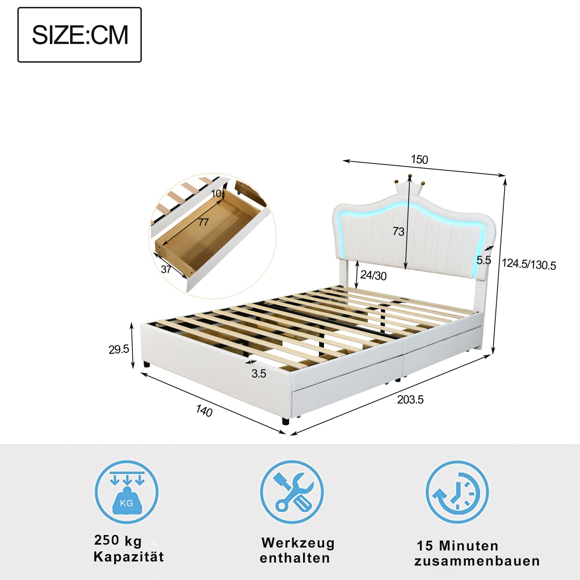 Logidon gestoffeerd bed 140x200 wit kunstleer met LED-verlichting