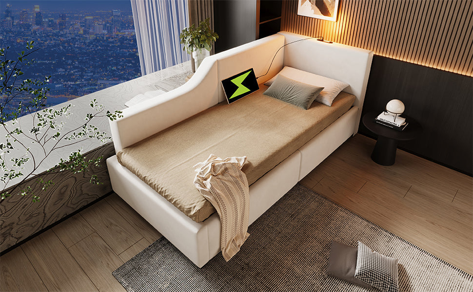 Logidon gestoffeerd bed 90x200 beige fluweel met opbergruimte USB oplaadfunctie