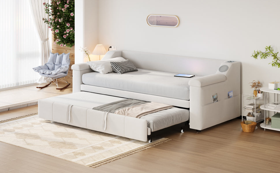 Logidon slaapbank gestoffeerd bed 90/180x190 beige fluweel Bluetooth