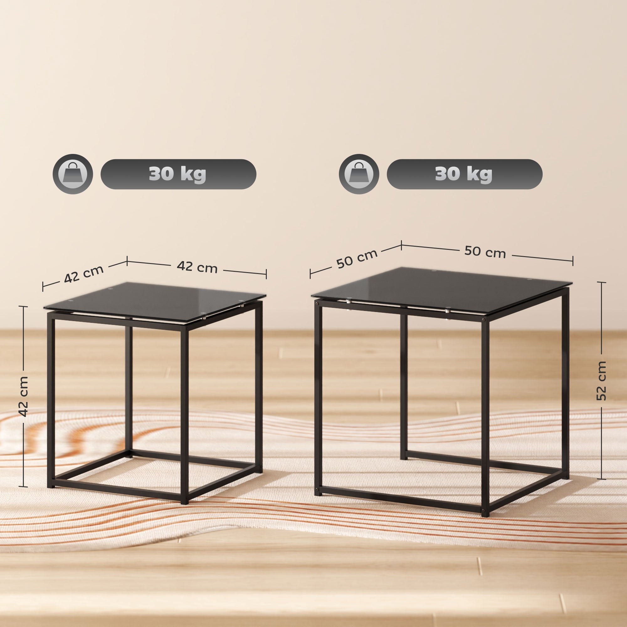 Logidon bijzettafel set van 2 zwart glazen blad stalen frame 50x50