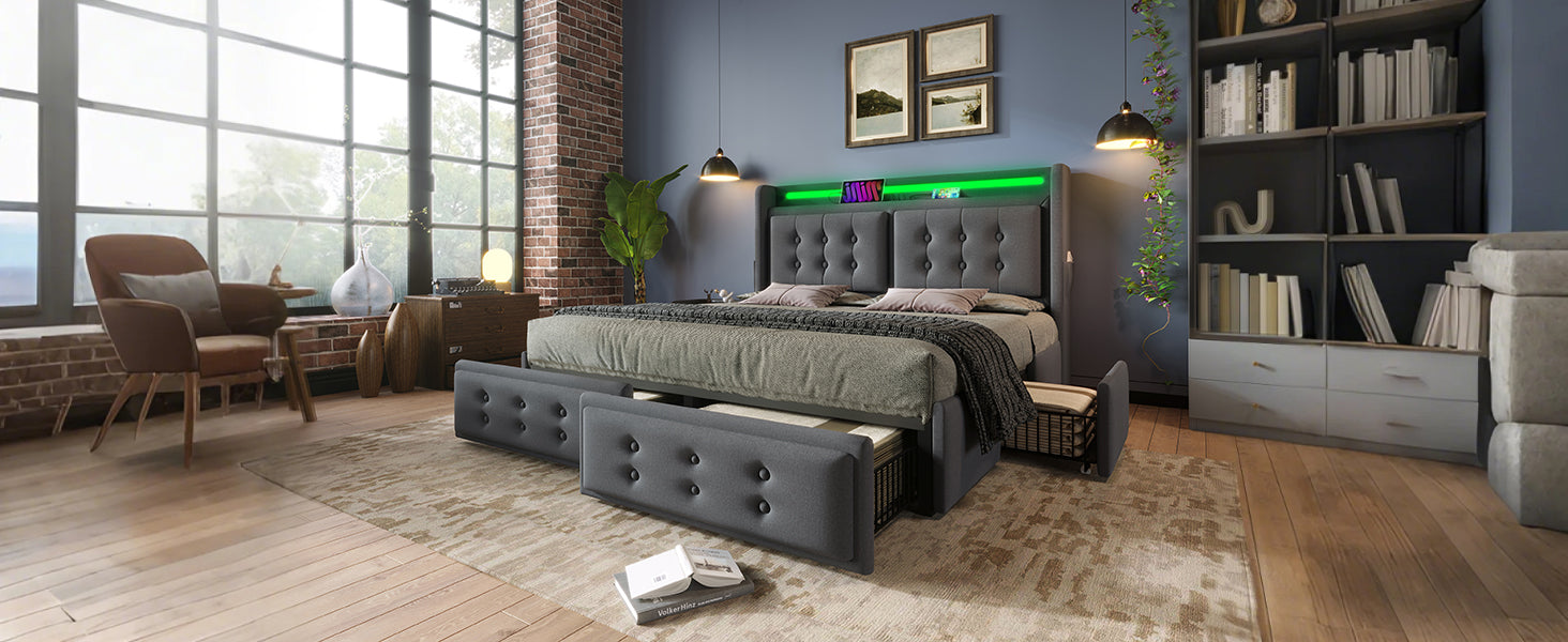 Logidon gestoffeerd bed 140x200 grijs met LED hoofdbord USB-C oplaadfunctie