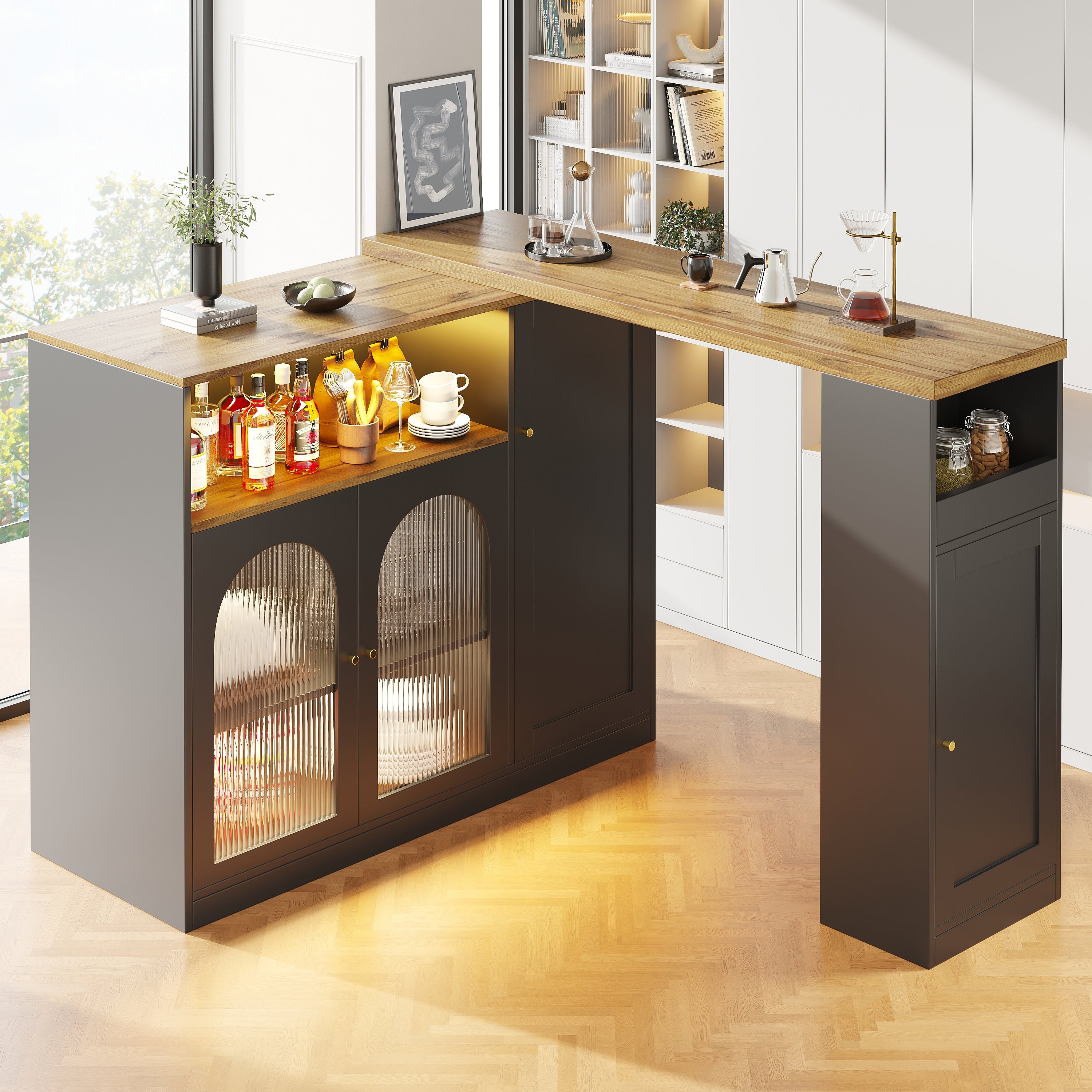 Logidon Draaibare Bartafel Mat Zwart 198x39x97 cm Met LED Glazen Deur
