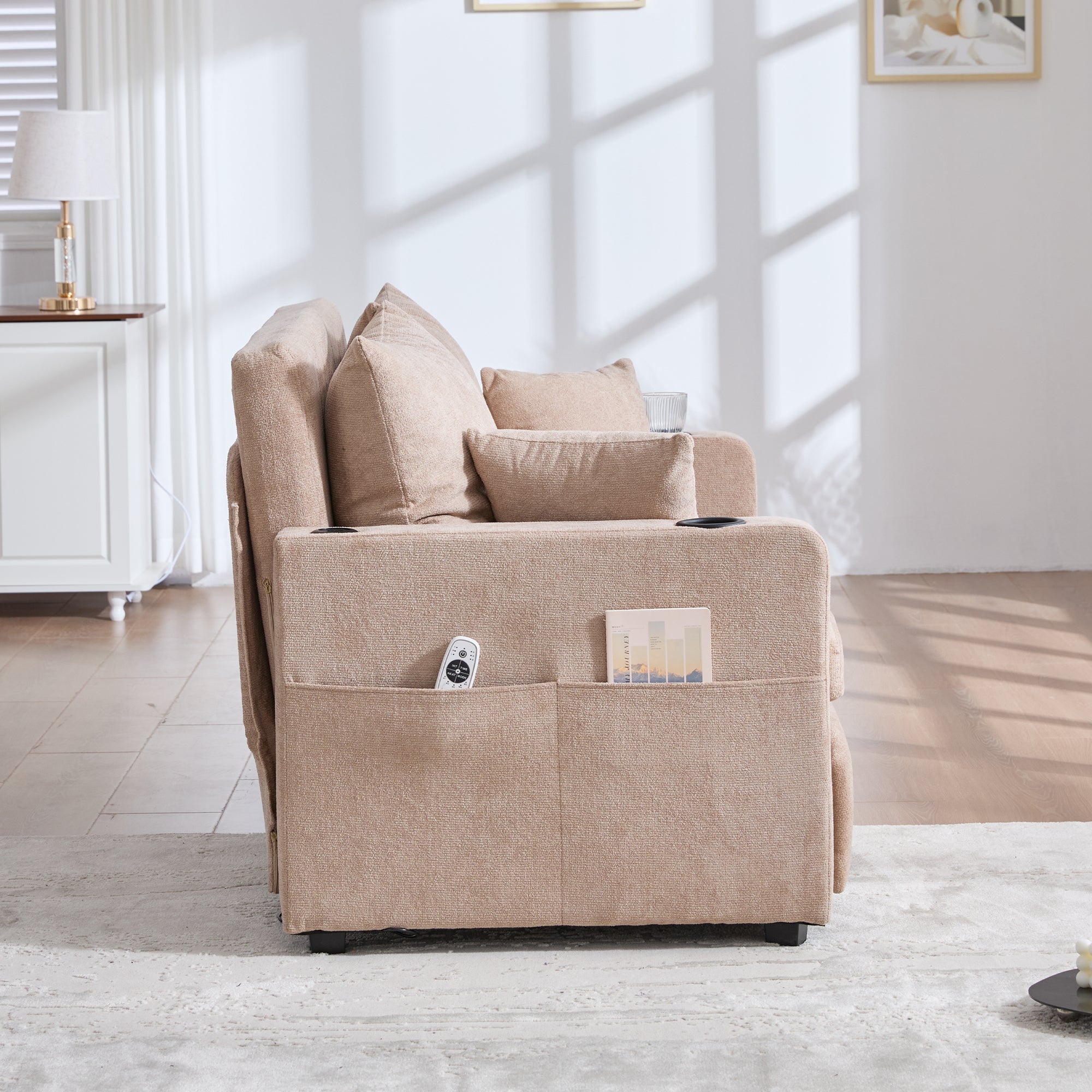 Logidon multifunctionele stoffen bank Khaki Velvet met USB-oplaadfunctie