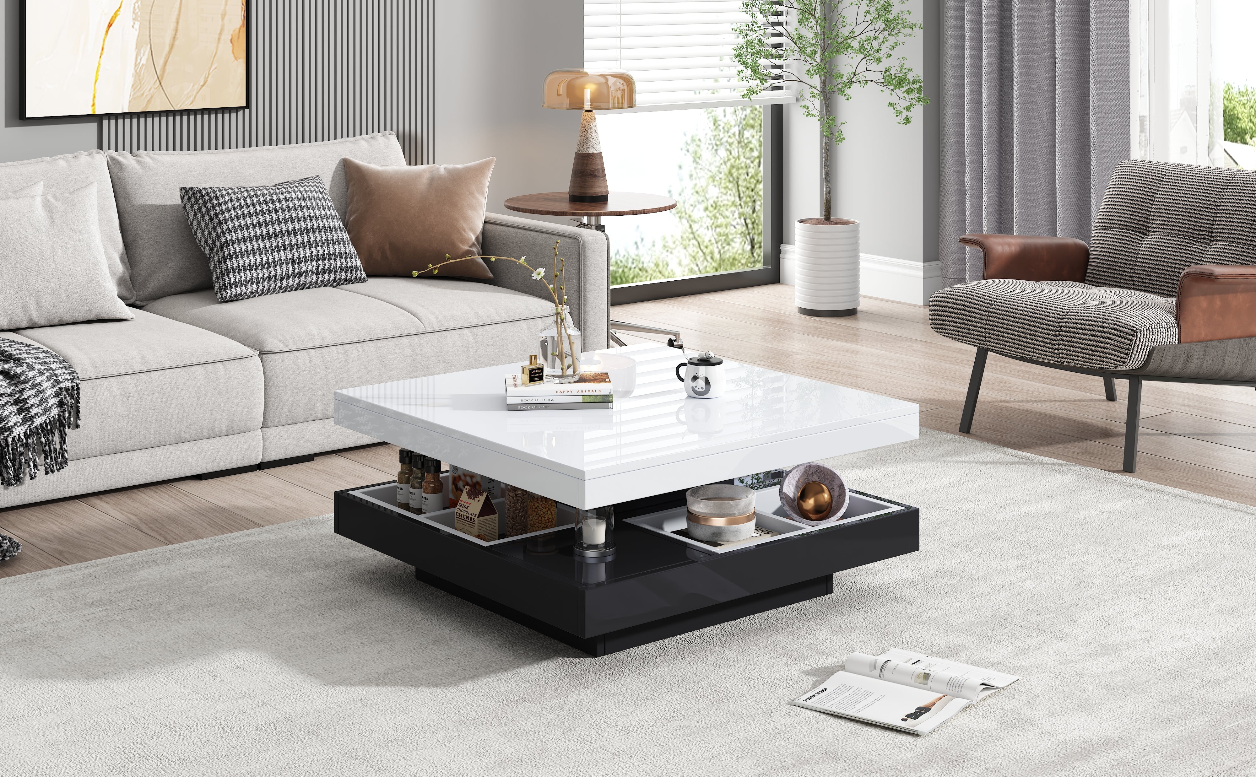 Logidon Draaibare Salontafel Wit Blad Zwart Onderstel 70x70x36