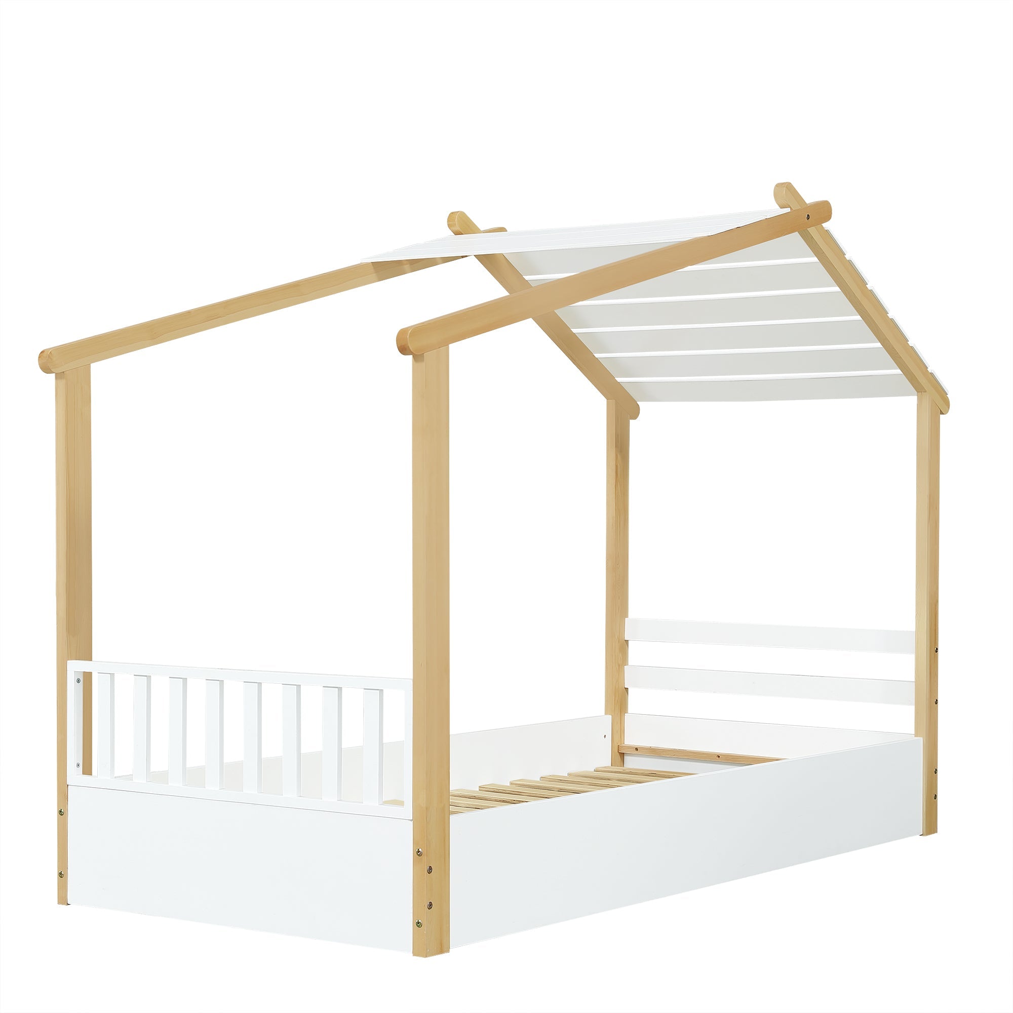 Logidon children's bed 90x200 cm white natural - wooden house design slatted frame