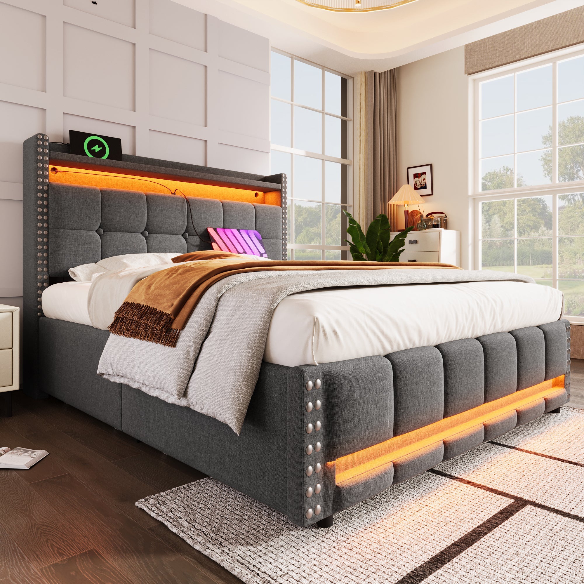 Logidon gestoffeerd bed 140x200 grijs met LED verlichting USB