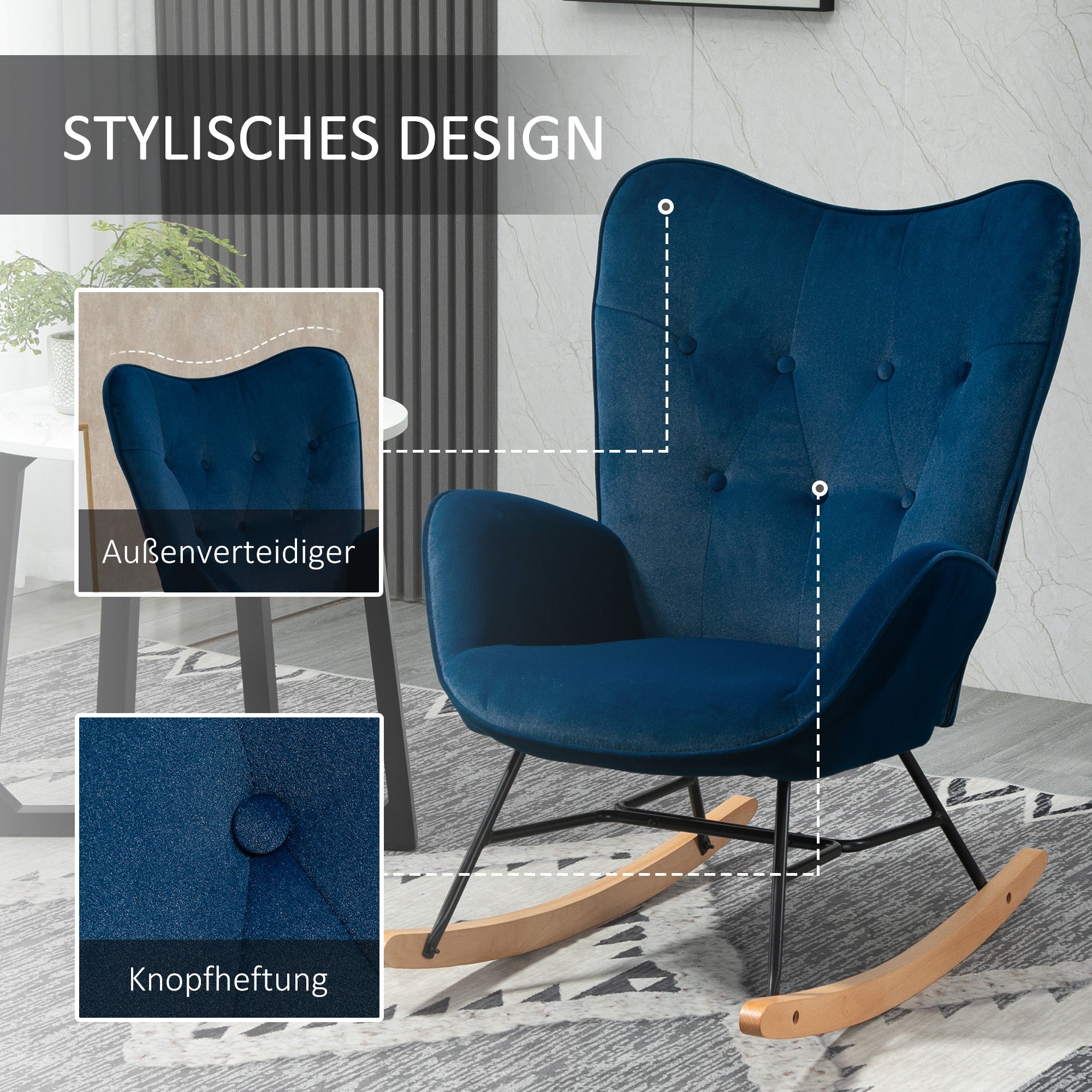 Logidon Schommelstoel met Oren Blauw Fluweel Heerlijk zitcomfort