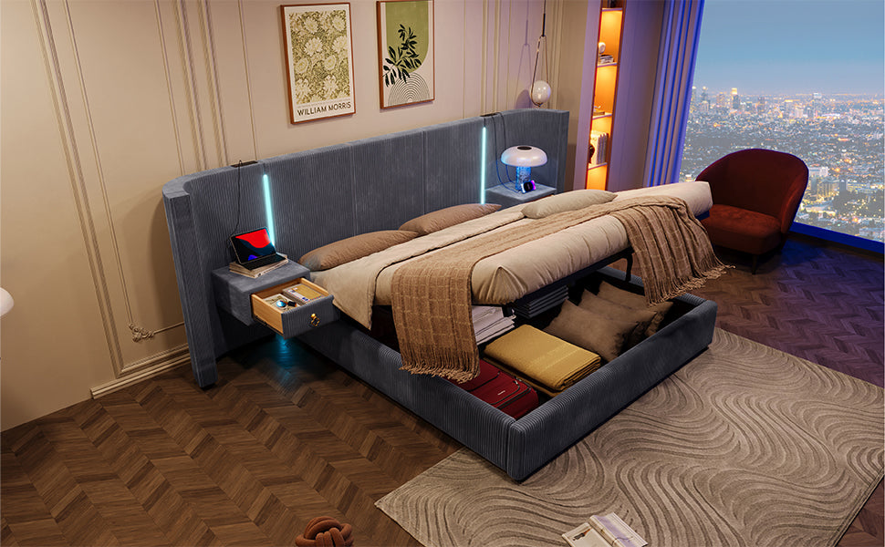Logidon upholstered bed 180x200 cm gray velvet with LED strip storage space