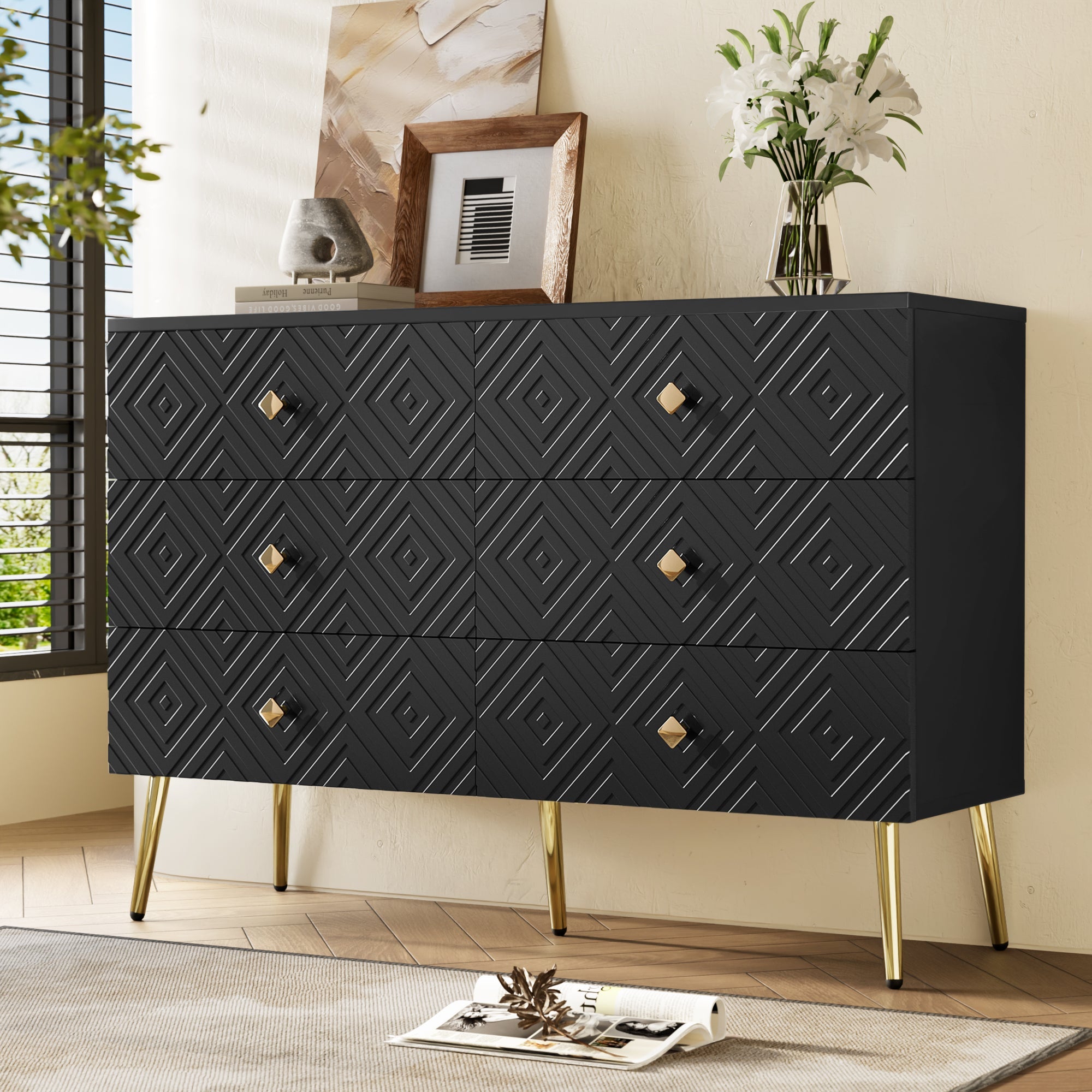 Logidon Ladekast 6 lades zwart goud moderne stijl 120x40x80 cm