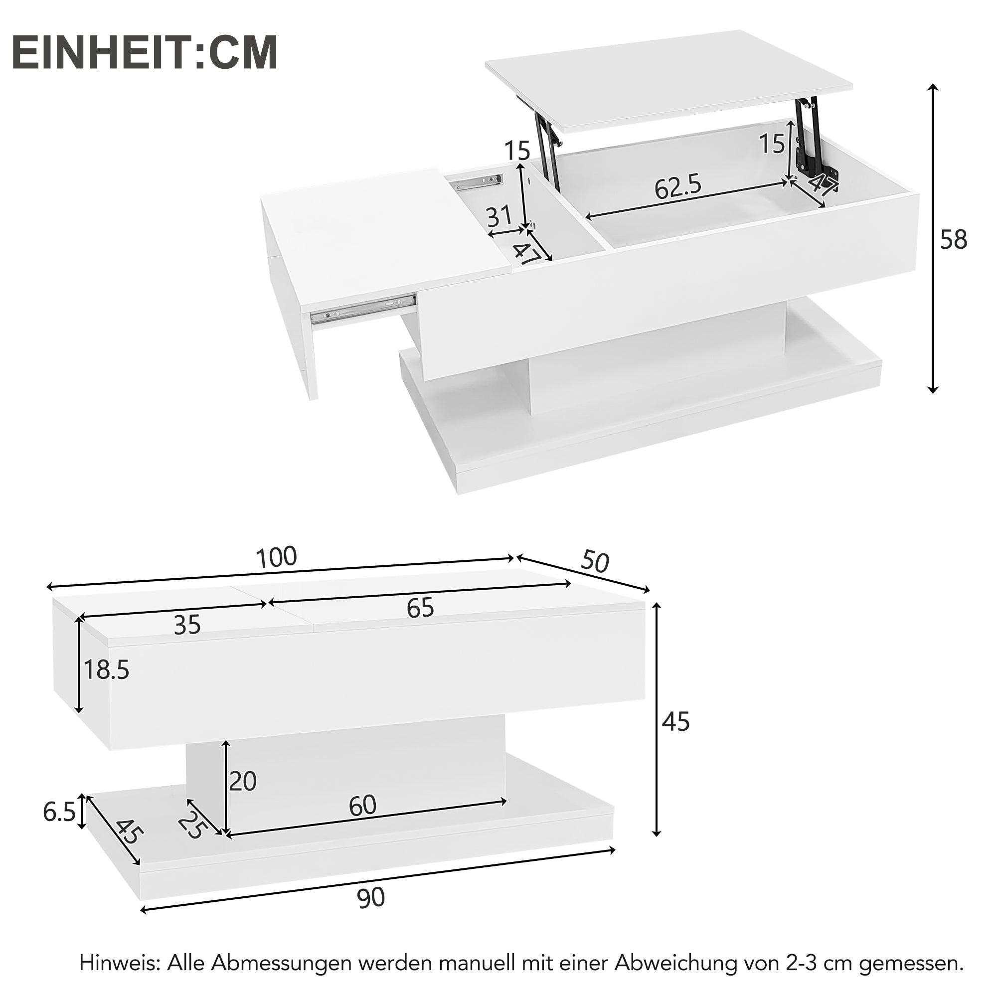 Logidon witte heftafel 100x50x45 met LED verlichting hydraulisch