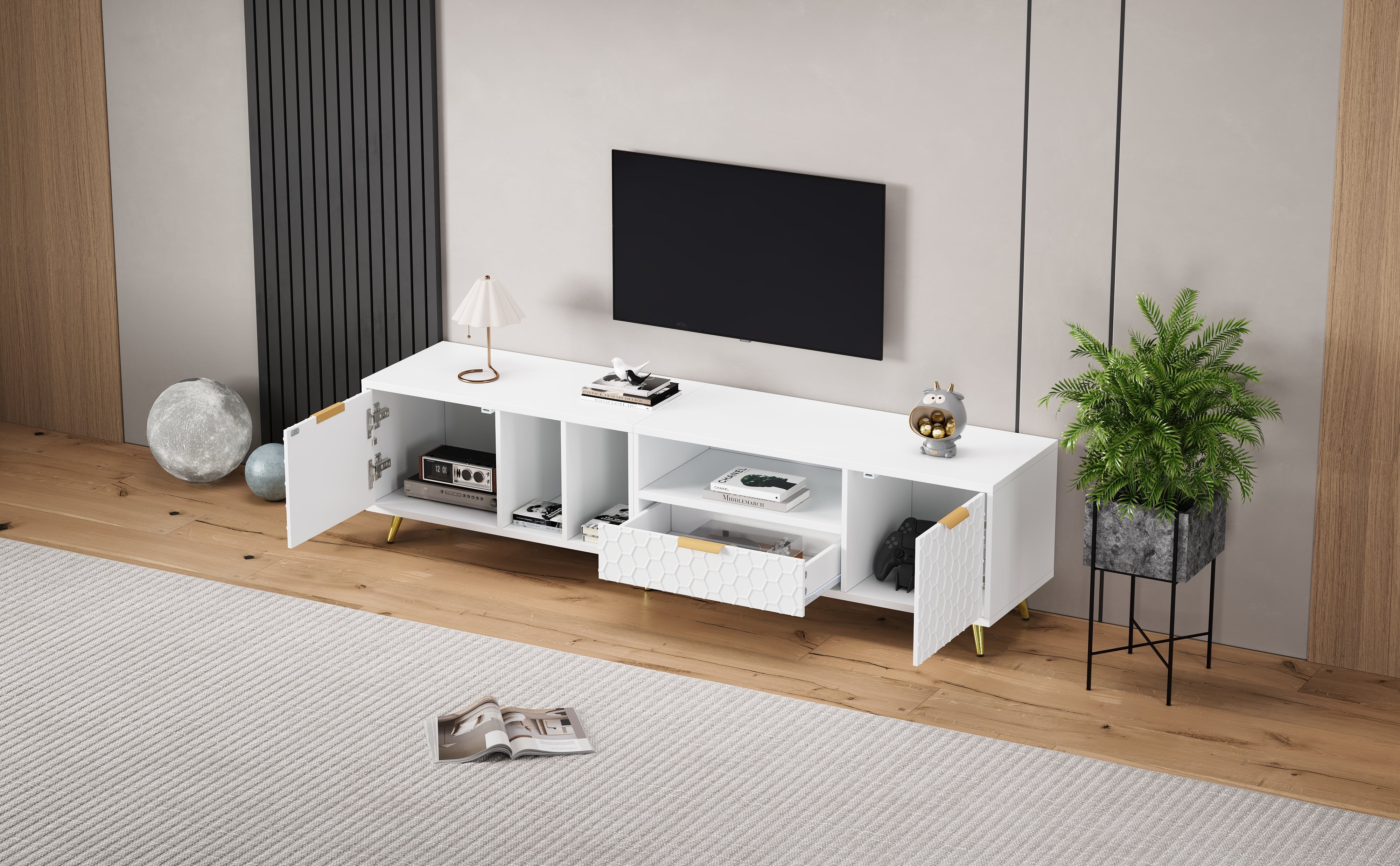 Logidon White TV Stand with Honeycomb Pattern and Storage Space for up to 80 Inches