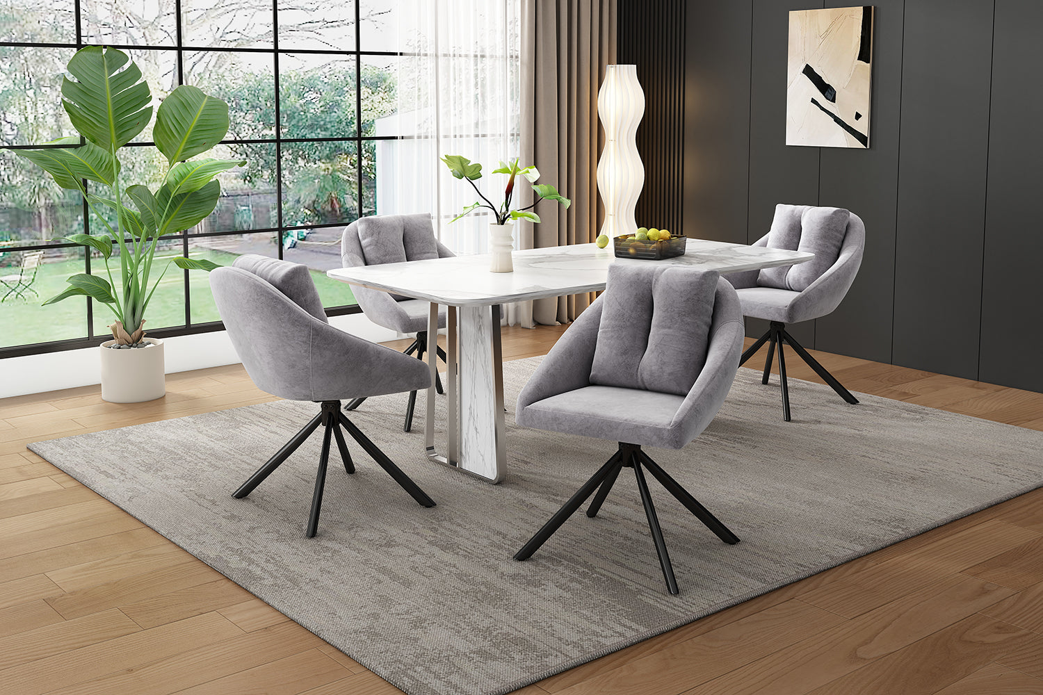 Logidon Modern Gray Velvet Chair Set of Four Swivel Ergonomic Chairs
