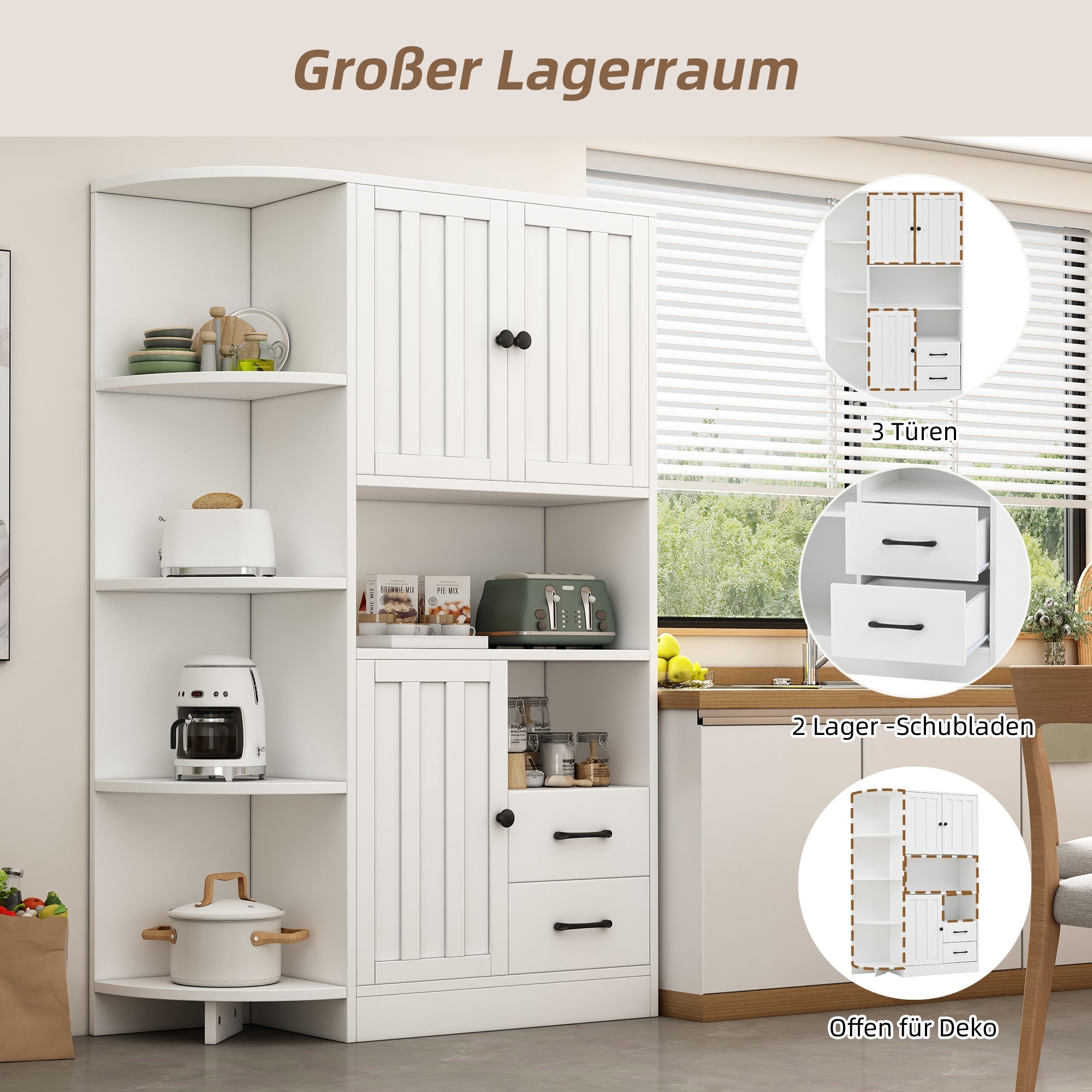 Logidon corner cabinet white 104x35x155 cm display cabinet 3 doors 2 drawers