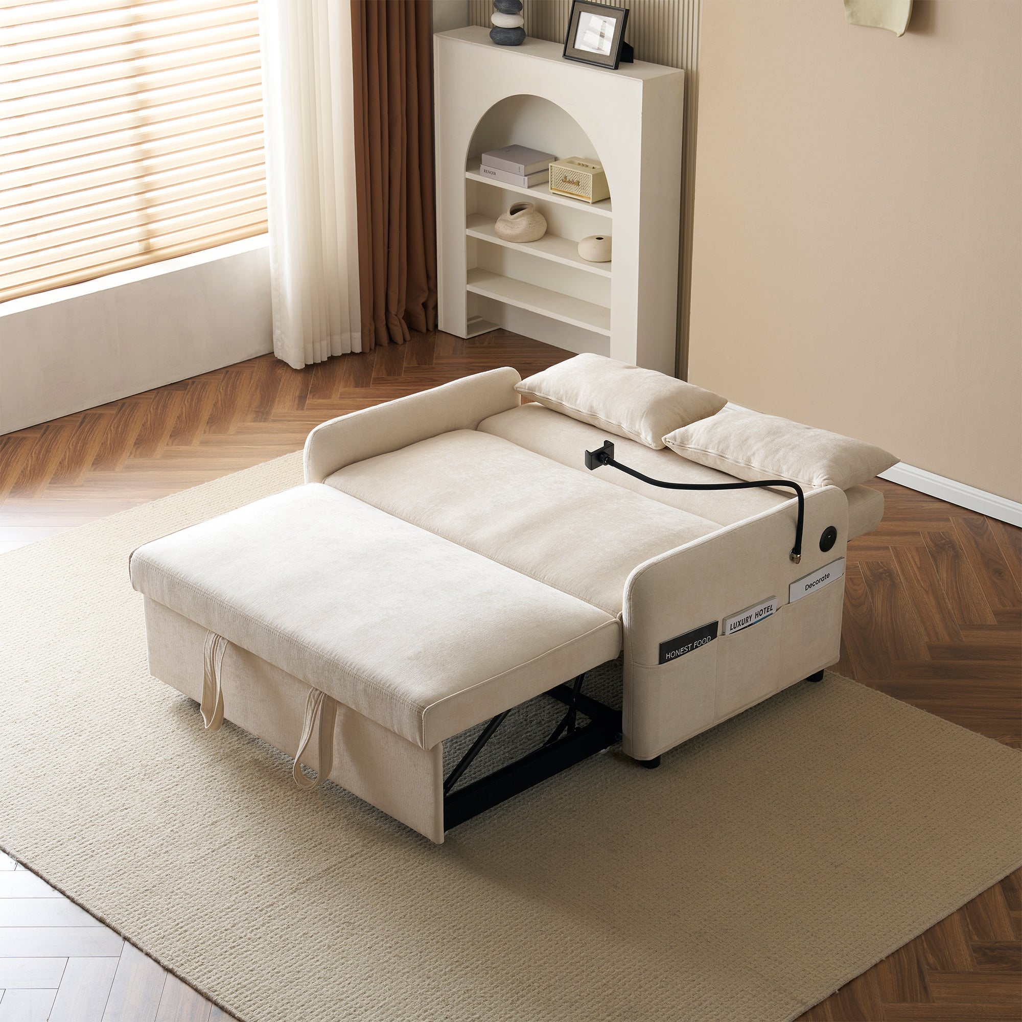 Logidon Modern Double Folding Sofa Beige Chenille With Sleep Function