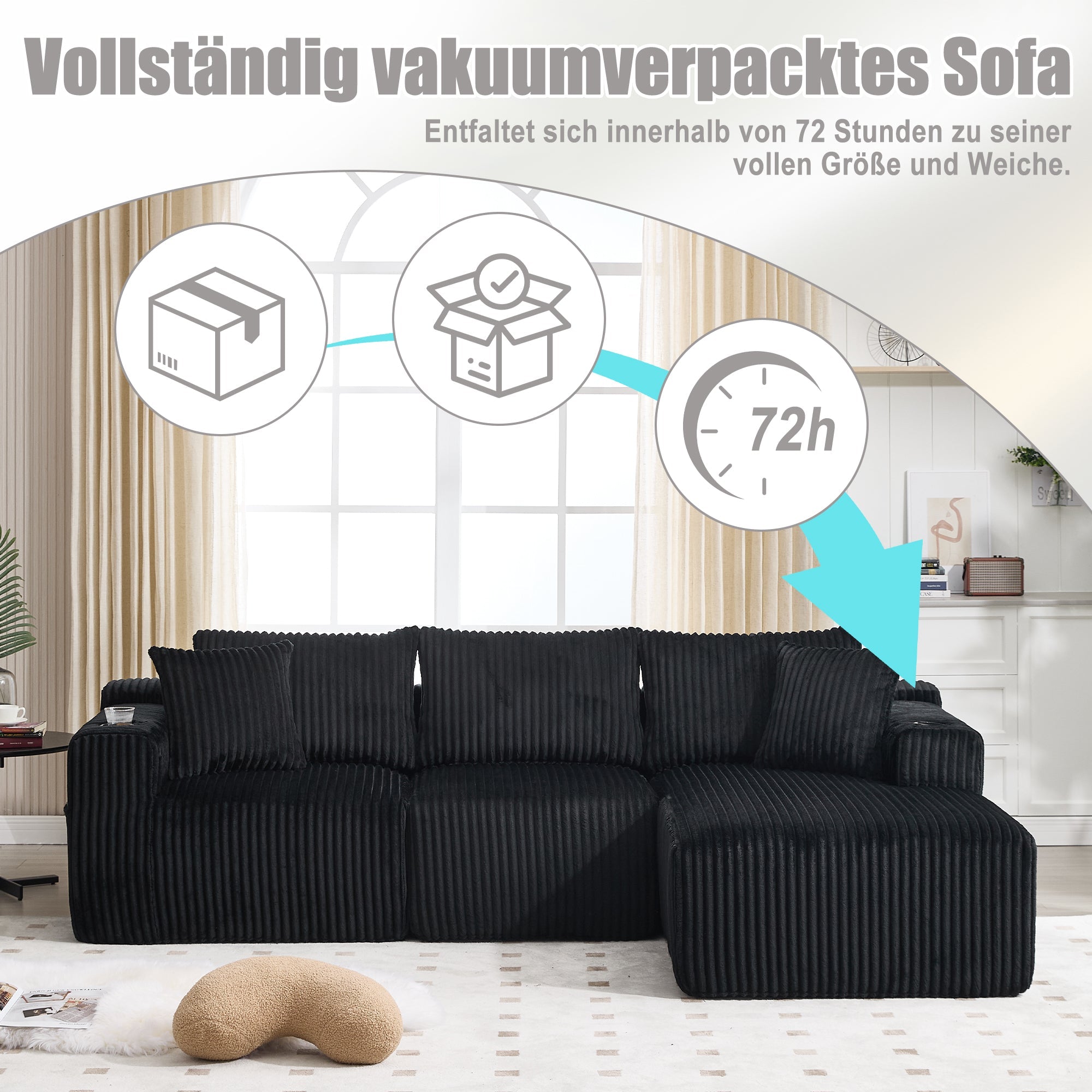 Logidon modulaire bankstel met chaise longue, 2-zitsbank, zwart corduroy
